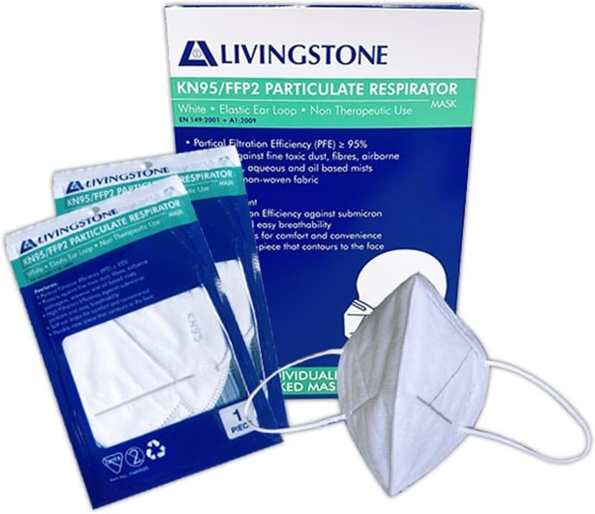 Livingstone KN95 FFP2 Respirator Ear Loop Vertical Duckbill Level 3 Face Mask (Pack of 10) image number 3