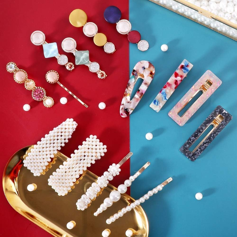28 PCS Pearls and Acrylic Resin Hair Clips, Handmade Hair Barrettes, Marble Alligator Bobby Pins, Glitter Crystal Geometric Hairpin, Elega Nt Gold Hair Accessories image number 2