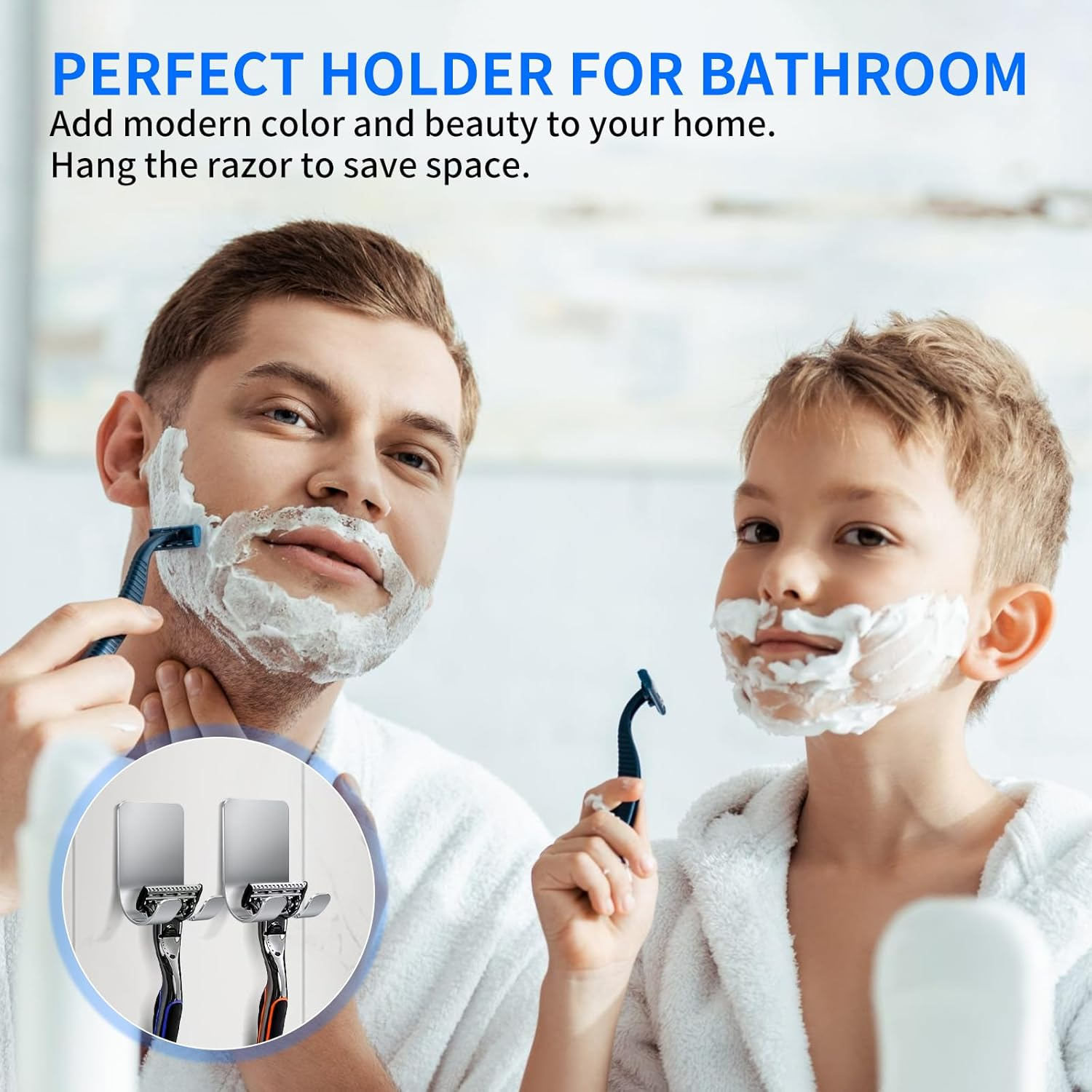 4Pcs Razor Holder, Shaver Hook Hanger, Multipurpose Self Adhesive Double Hooks, Silver Black Stainless Steel Shower Hooks, for Bathroom and Kitchen Storage, Includes Loofah, Towel, Plug, Clothes image number 5
