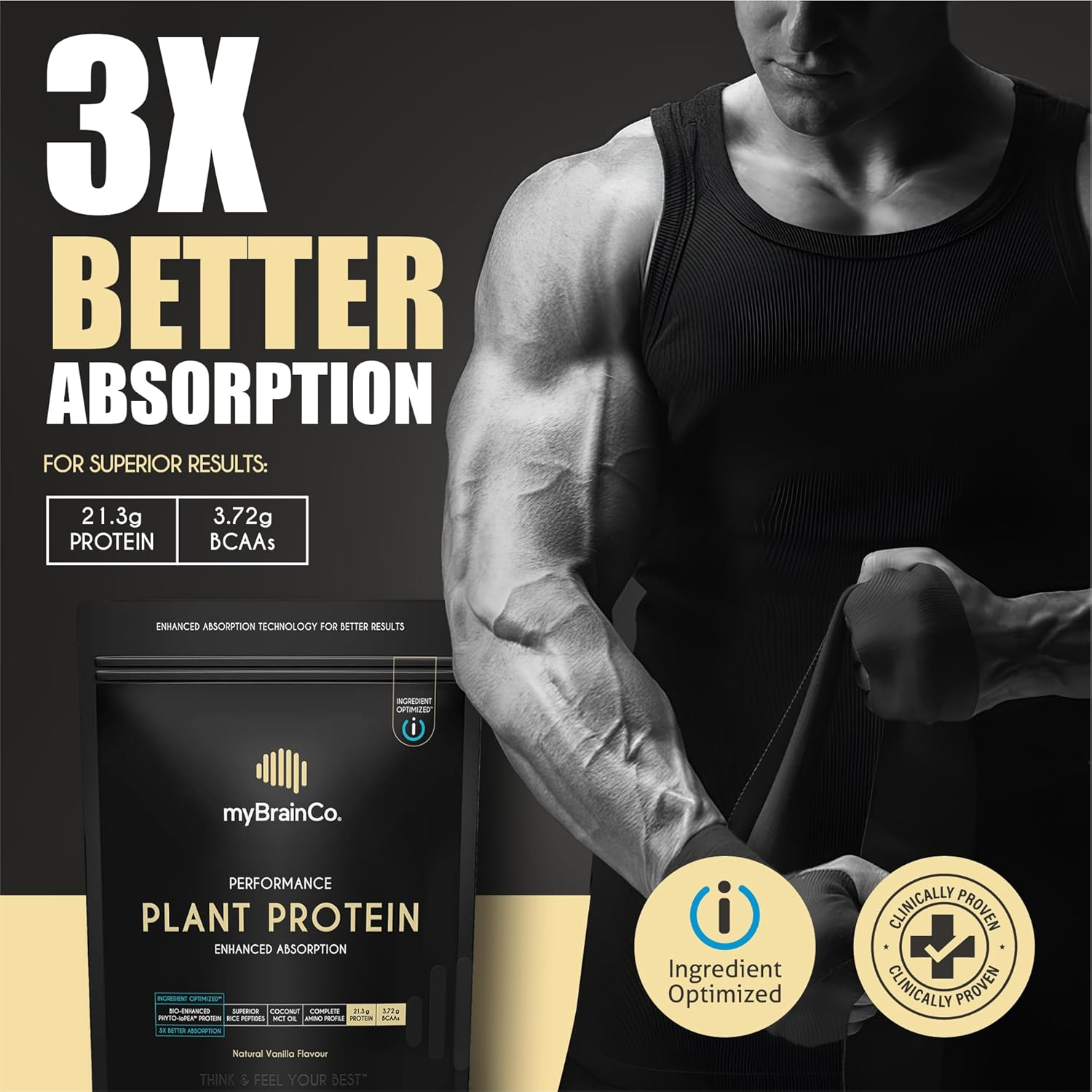Mybrainco. Bio-Optimised Plant Protein Powder, 300% Better Absorption, Organic Iopea&reg; + Rice Peptides + Pure MCT &ndash; Vegan, FODMAP Certified, No Bloating - Natural Vanilla 900G (30 Servings) image number 1