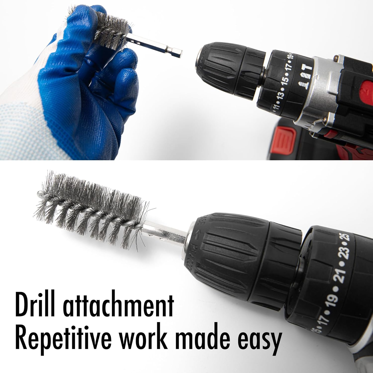 Vouyar 6Pcs Copper Tube Pipe Cleaner, 1/2&rdquo; 3/4&rdquo; 1&rdquo; Pipe Cleaning Brush Set, Stainless Steel Wire Bore Brushes for Power Drill, 1/4 Inch Hex Shank image number 1