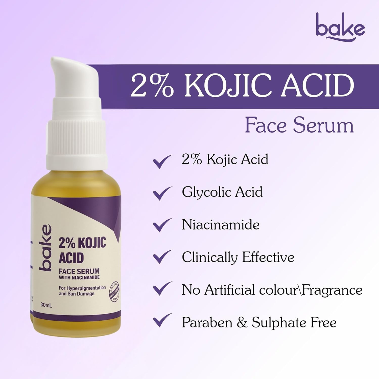BAKE 2% Kojic Acid Face Serum with 5% Niacinamide & 2% Glycolic Acid for Pigmentation & Dark Spots for Dark Circles, Tan Removal & Sun Damaged Skin Skin Brightening Yellow 30 Ml (Pack of 1) image number 4