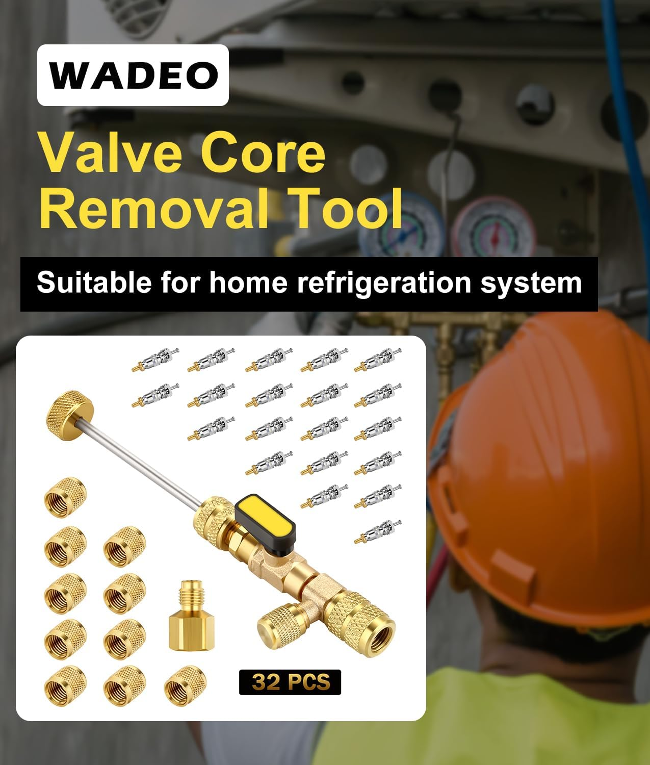WADEO Valve Core Remover Tool HVAC with Dual Size SAE 1/4 & 5/16 Port, 20 PCS Valve Cores with Teflon Seal, 5 PCS Brass Nuts and Valve Core Rod, Compatible with R410A R32 R22 R12 R407 R404 R600 image number 4