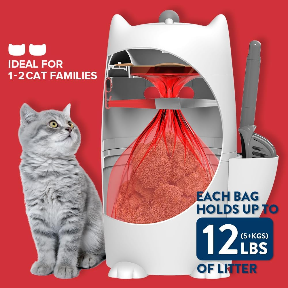 Red Rocket Cat Litter Bin Kitty Twist'R Plus, Odour Free Cat Waste Receptacle with Fast Sift Scoop, Turn Handle Mode Patented Twist Technology, Including 2X Refill Bag 2X Charcoal Sachet image number 2