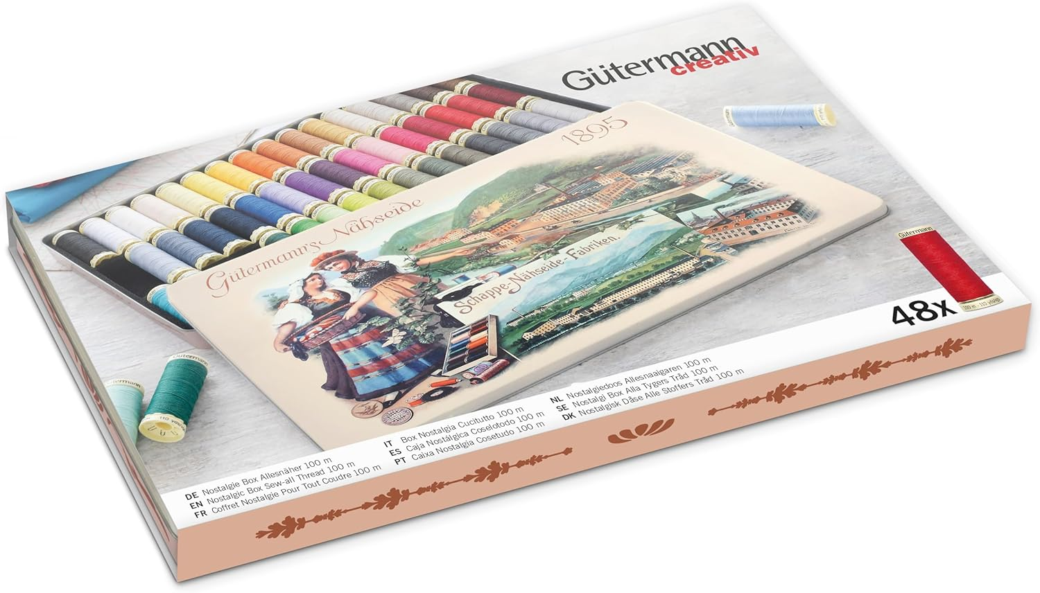 Gutermann Vintage Tin Thread Set 100M Basic Colours X 48 Reels, Multicoloured, One Size