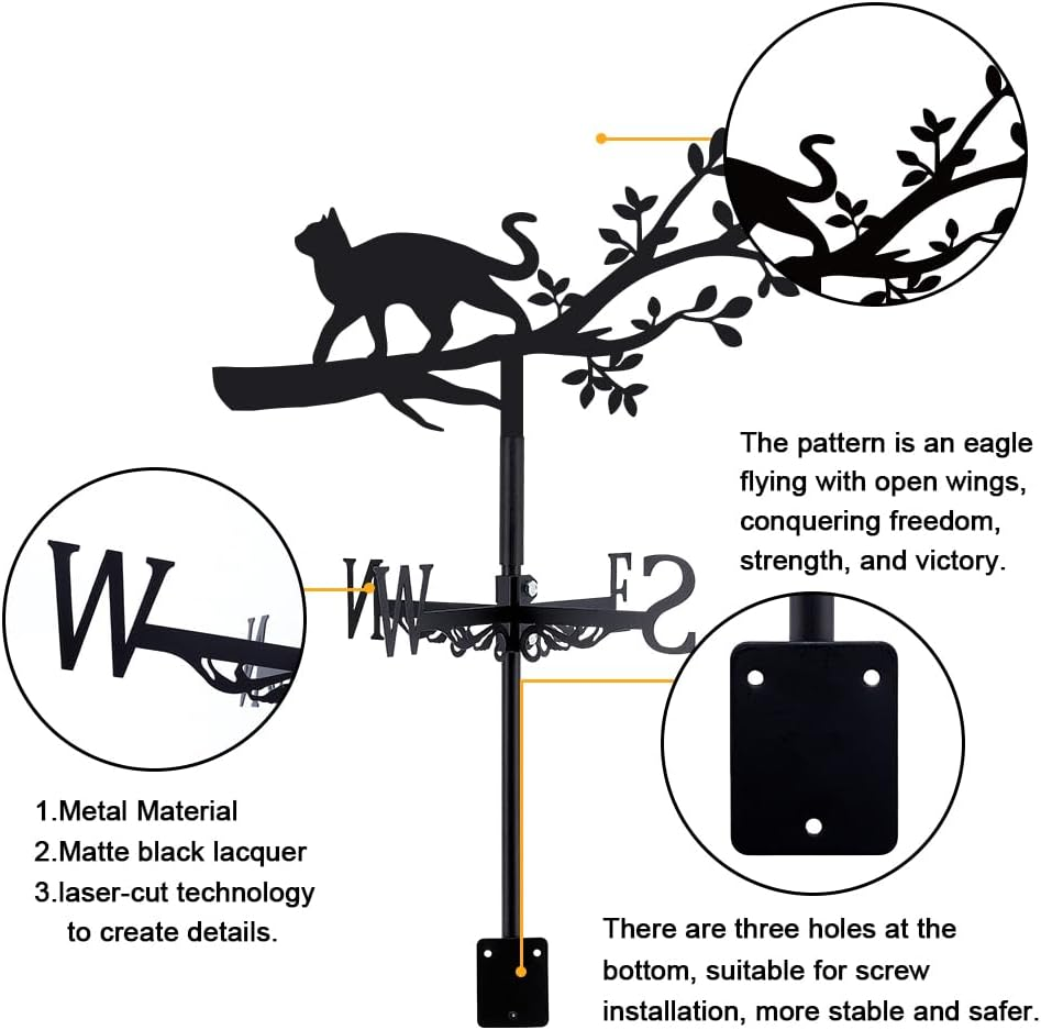 SUPERDANT Weather Vane with Cat Motif, Cat on Branches, Weathervane, Animal Weathervanes, Decorative Wind Direction Signs, Weather Vane for Farmhouse, Garden, Roof Decoration, Outdoor image number 5