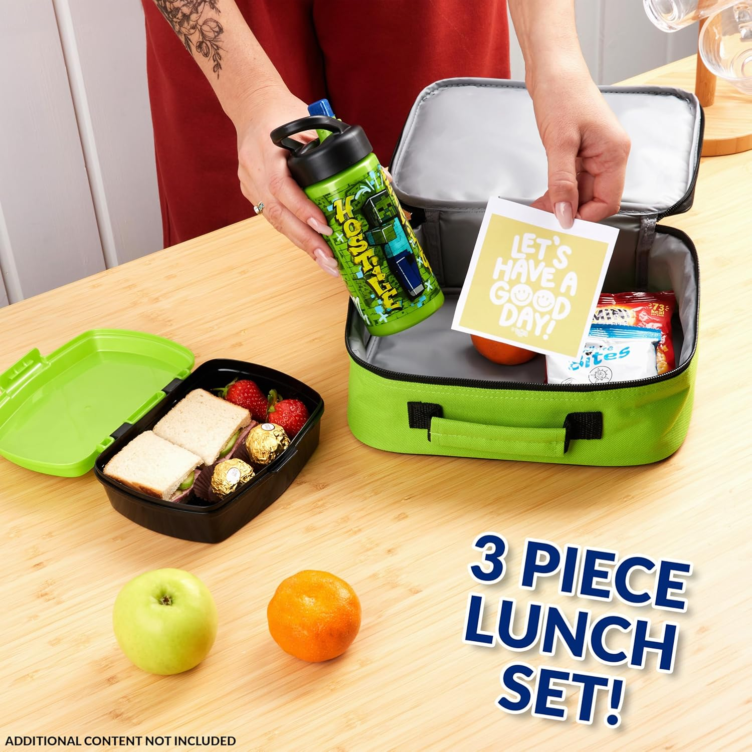 Minecraft Insulated Kids Lunch Bag Lunch Box and Kids Water Bottle 420Ml, 3 Piece Set for School or Travel, Gamer Gifts