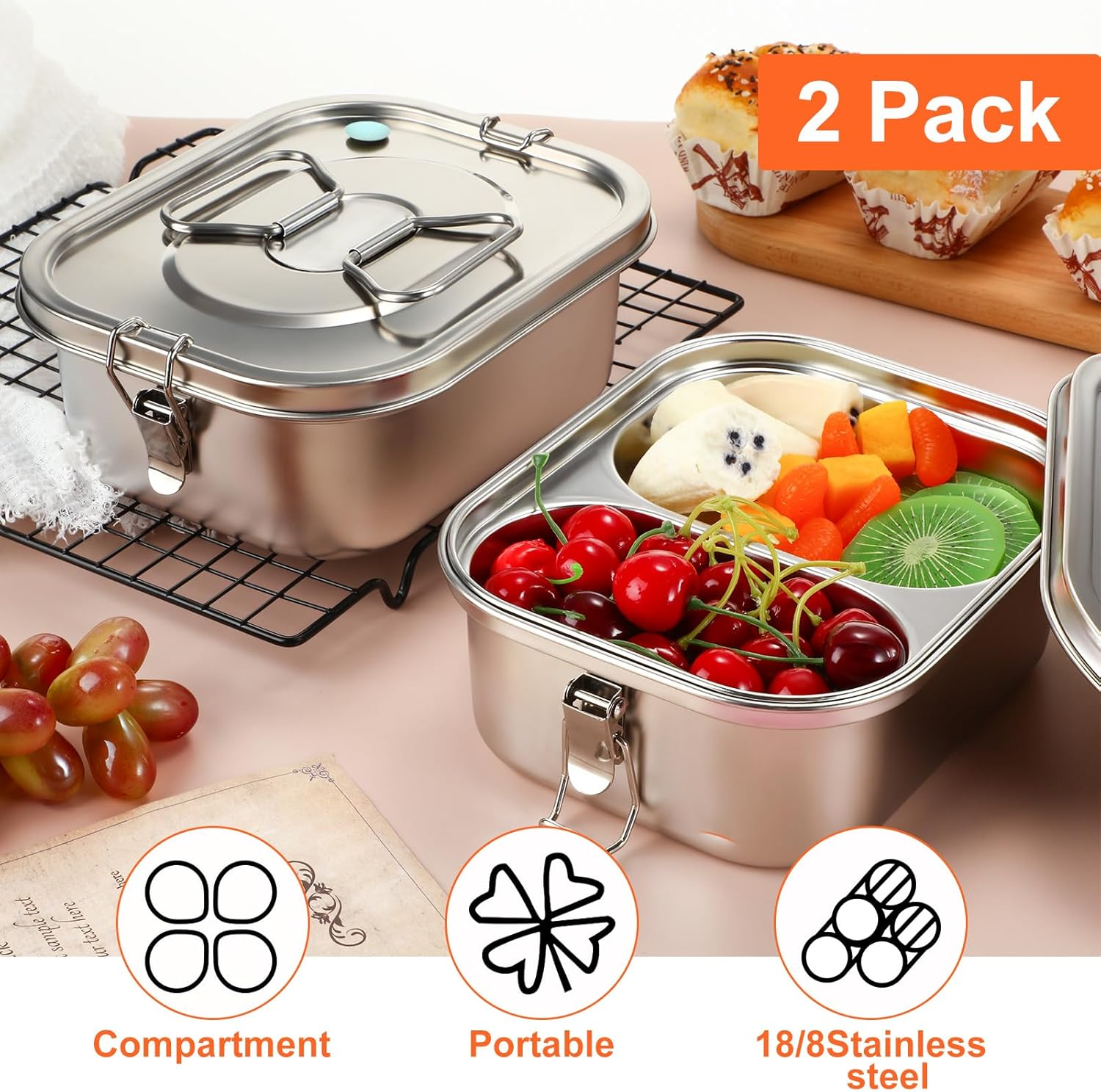 Romooa 2 Pieces Metal Bento Box for Adults Metal Lunch Box Stainless Steel Bento Containers Leakproof Dual Tiers Lunch Container with Airtight Valve Handle Dishwasher Safe(Medium) image number 6