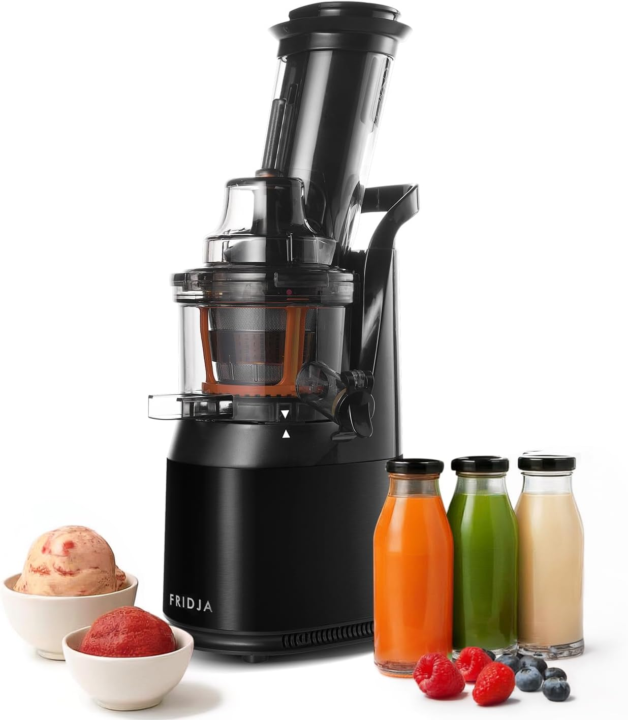 Fridja F1900 Cold Press Juicer, 240W Masticating Slow Juicer with 78Mm (3&rdquo;) Bpa-Free Wide Chute, Black Stainless Steel Body, Juice, Vegan Nut Milks, Sorbet, Ice Cream, Easy to Clean image number 3