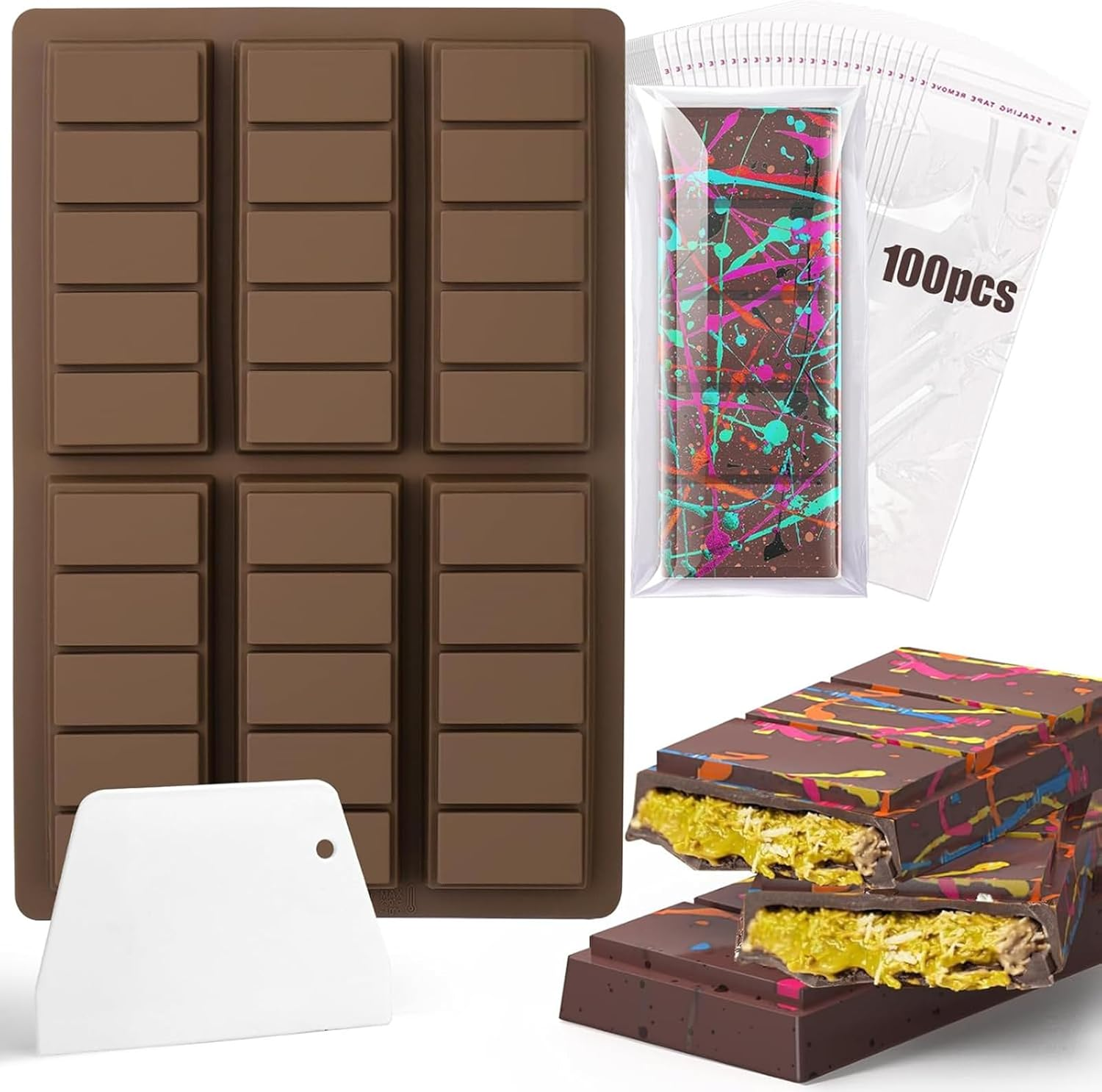 Chocolate Bar Mold,Non-Stick Silicone Chocolate Candy Molds,For Filling Pistachio Chocolate Bar,With Bags Scraper and 100Pcs Storage Bags image number 2