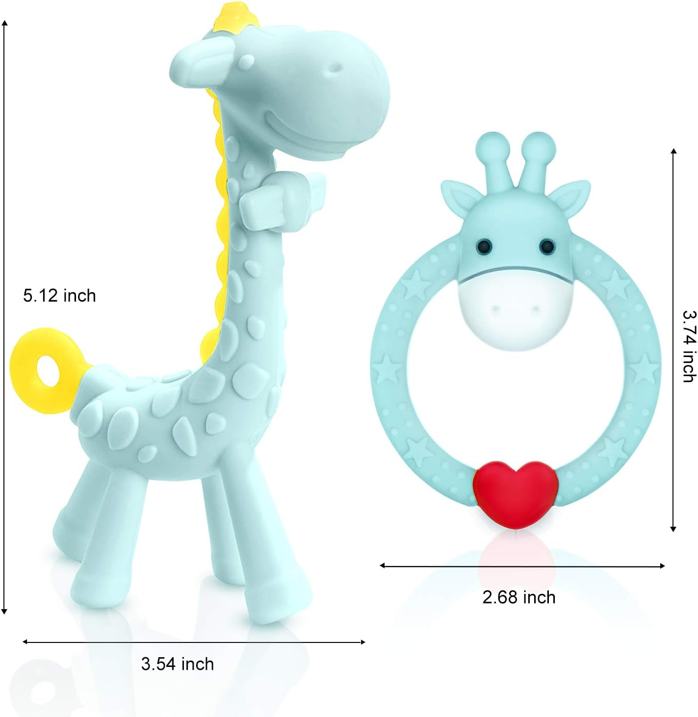 SHARE&CARE BPA Free 2 Silicone Giraffe Baby Teether Toy with Storage Case, for 3 Months above Infant Sore Gums Pain Relief, Set of 2 Different Teething Toys (Blue) - Blue image number 1