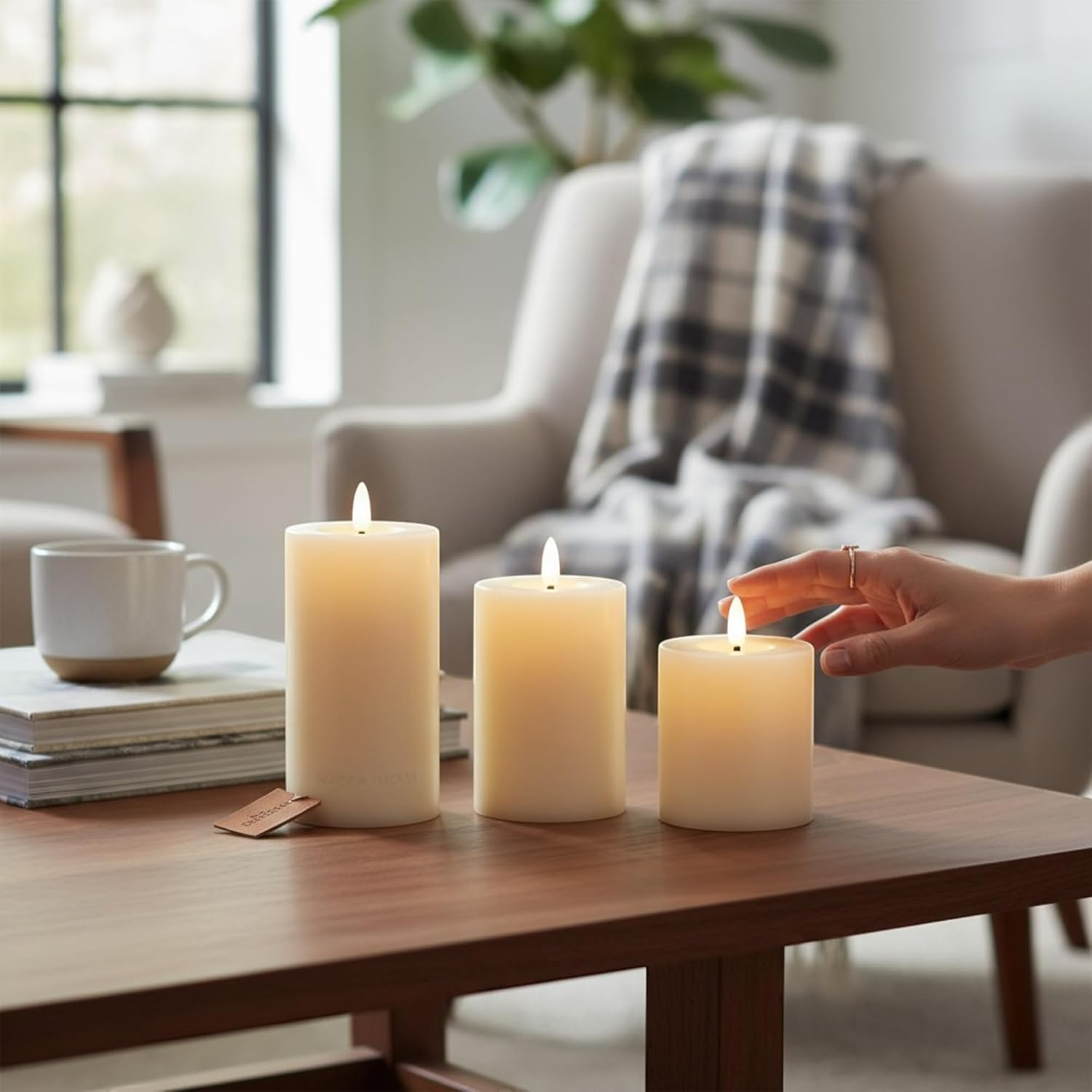 MIJOMA LED Candles Set of 3 Real Wax with Flame Effect - Warm White Light, Battery Operated Diameter 7 Cm, Heights 10/13/15 Cm - Safe Decorative Candles for Cosy Atmosphere Indoor image number 3