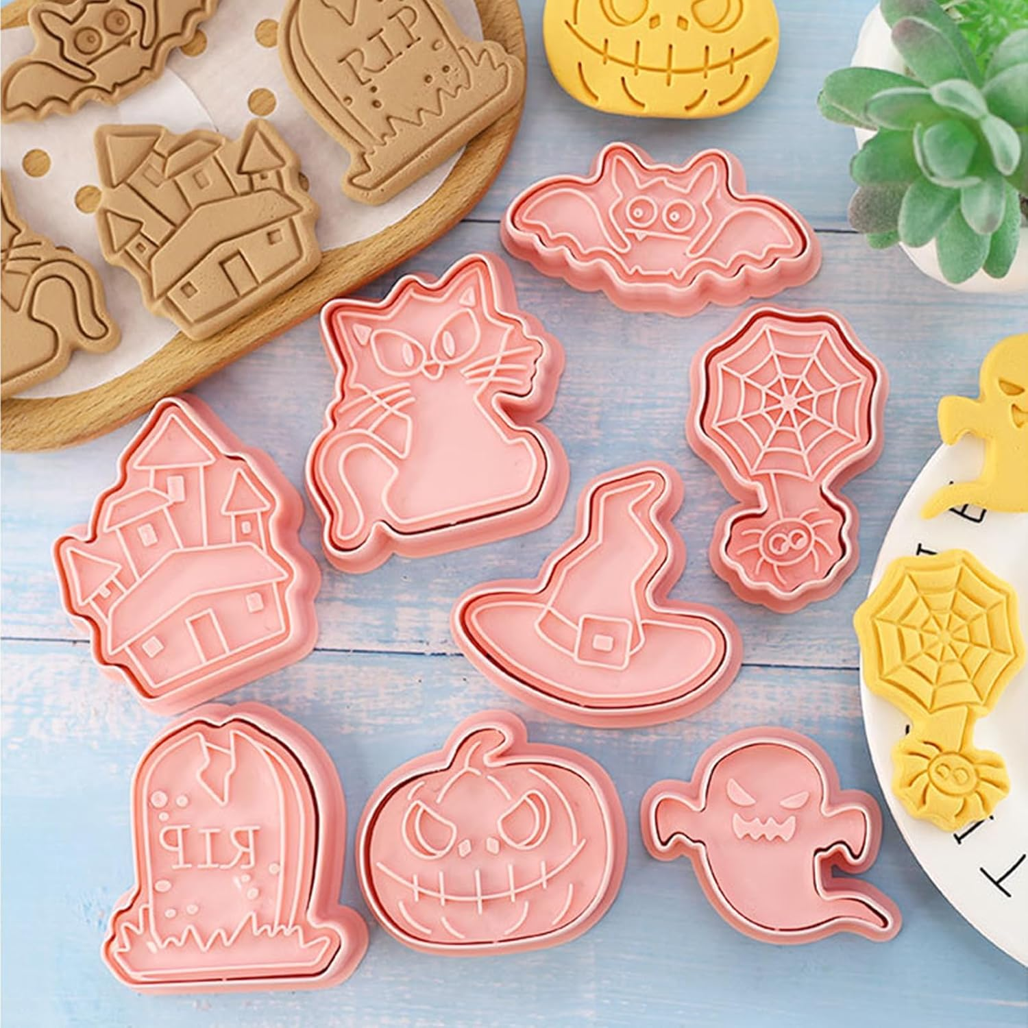 LEISWAYON 8 Pcs Mini Halloween Cookie Cutters, 3D Ghost Raised Design Cookie Stamps, Cookie Cutter Set Suitable for Frosting Decoration, Day of the Dead Decorations (A) image number 5