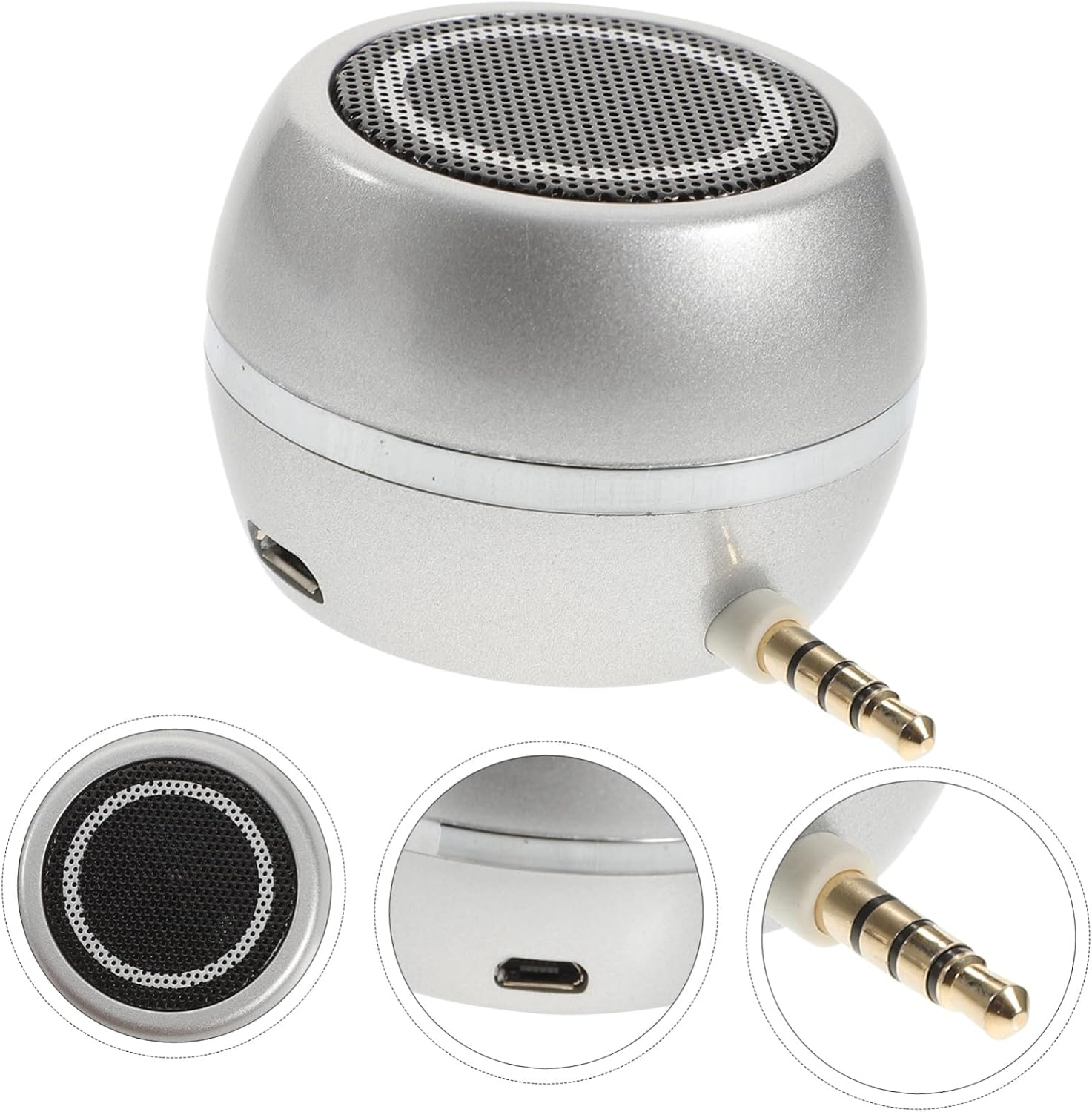 Portable Plug-In Mini Speaker with Aux Input and USB Rechargeable Battery, Silver Desktop External Loudspeaker for Phone and Laptop Use, Compact Bass Amplifier Suitable for Home image number 1