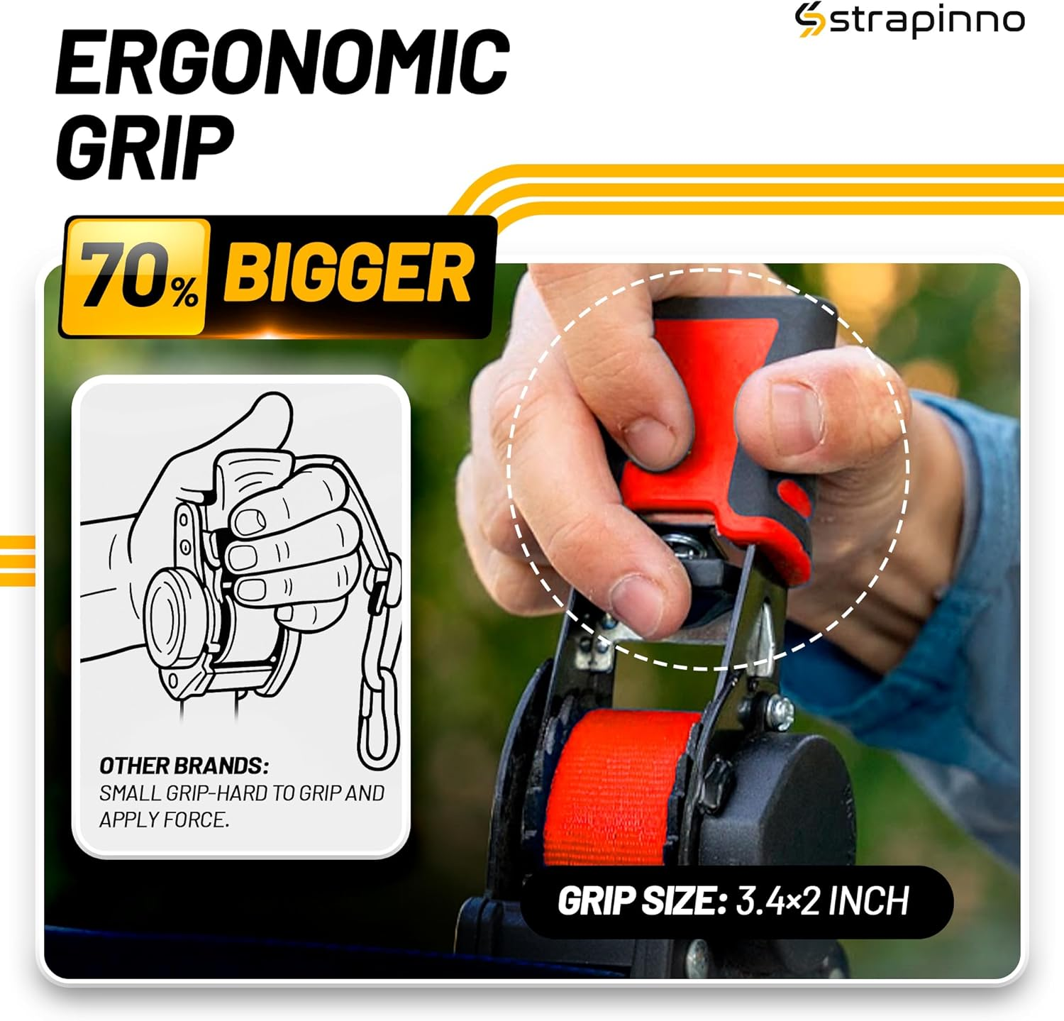 Strapinno Retractable Ratchet Straps 1 in X 10 Ft, Secure Tie-Downs with Rubber-Coated Steel Handles, for Motorcycle, Jetski, Kayak, Breaking Strength 1,500LBS/680KG (Red Strap, Black Coated) image number 3