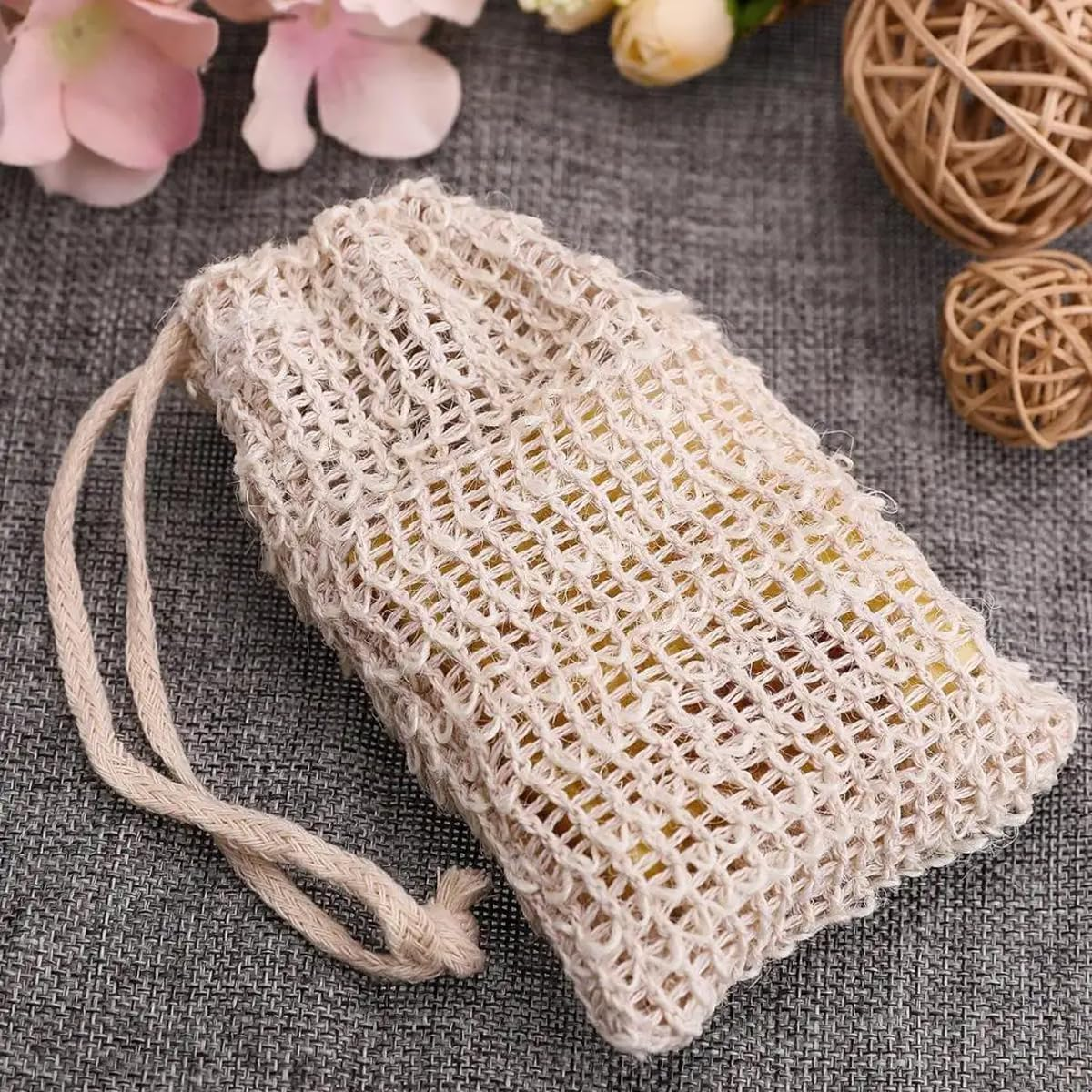AIMALL 50 PCS Cotton and Linen Knotted Soap Net Bag - Bulk Bath Cleansing Bubble Net for Handmade Soap, Facial Wash, and Body Wash image number 5