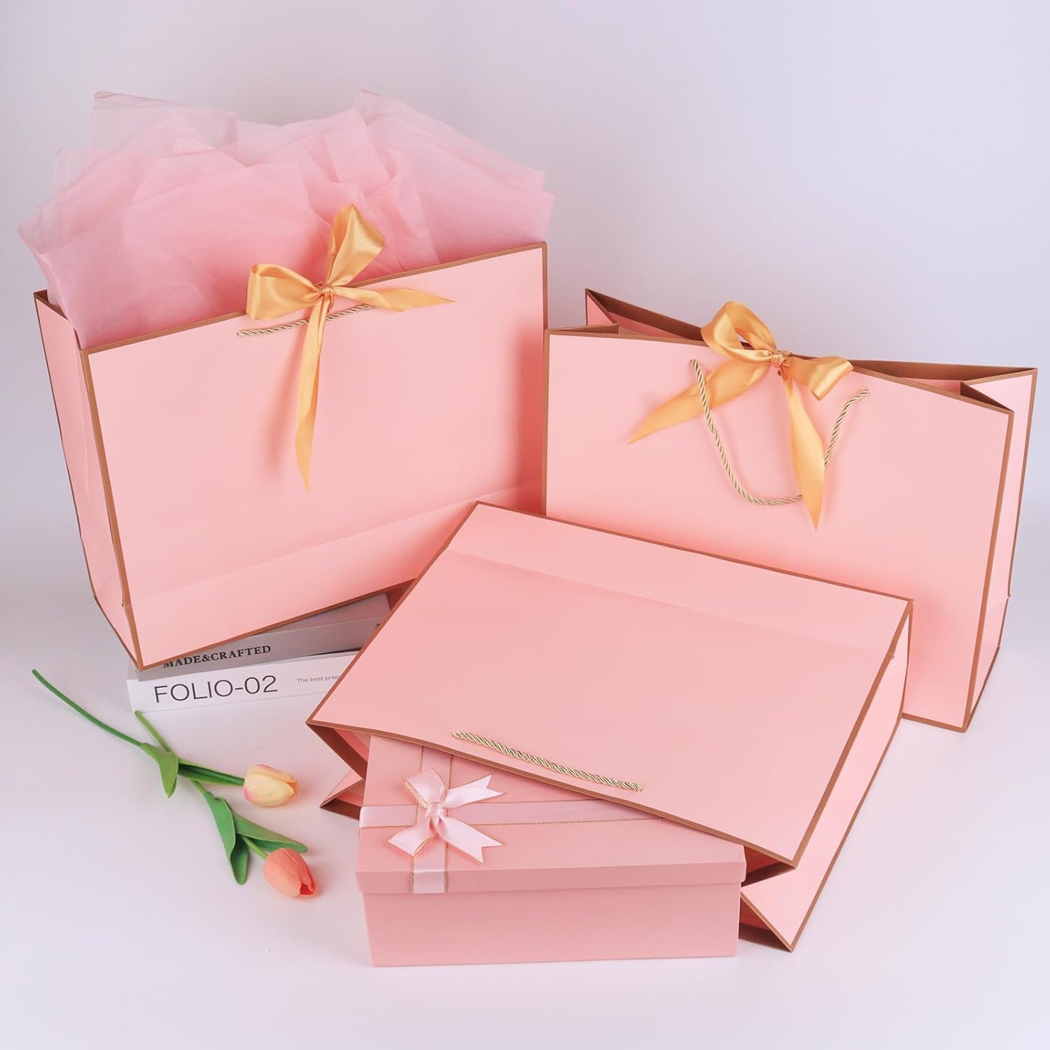 Oundarm 3 Pack 43 X 32 X 14CM Extra Large Bow Pink Gold Gift Bags with Greeting Cards＆Tissue Paper, Large Gift Bags for Presents with Handles for Mothers Day Valentines Day Bridesmaid Wedding Birthday image number 1