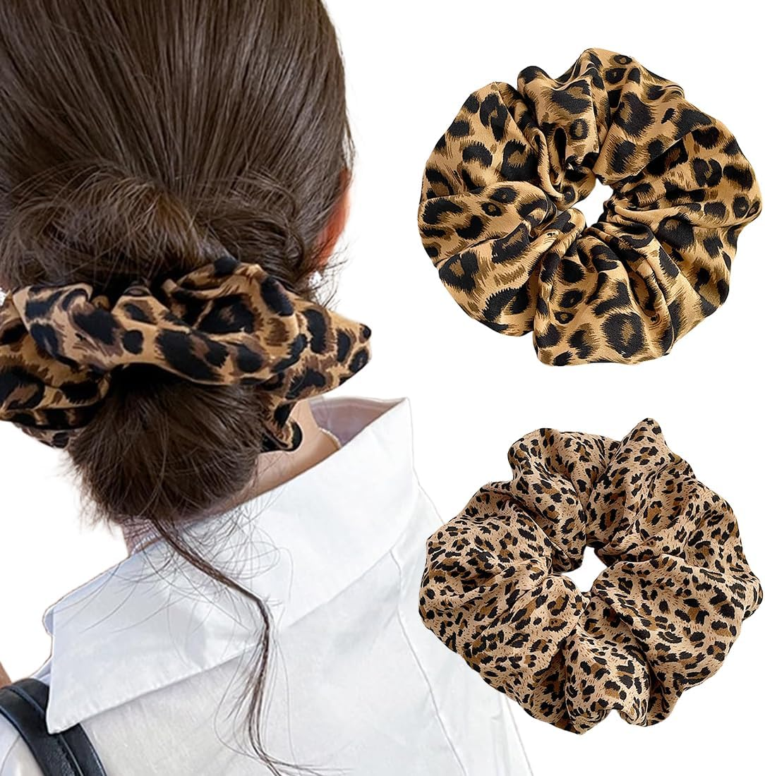 JYNVO Pack of 2 Hair Ties for Women, Leopard Print, Satin Elastic Thick Bands, Ponytail Holder, Women Hair Accessories, Hair Bobbles, Extra Large Scrunchie, Dark & Light Leopard Print image number 3