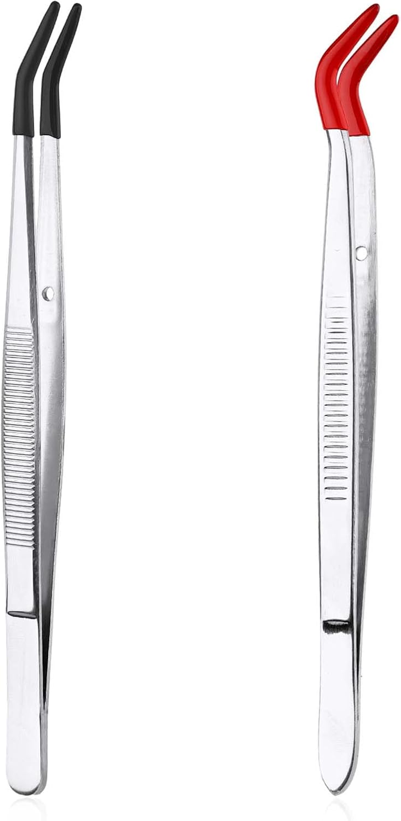 XIHIRCD 2Pcs Bent Tweezers with Rubber Tips, Curved Tip Tweezers, Stainless Steel, Compact, Red, Black