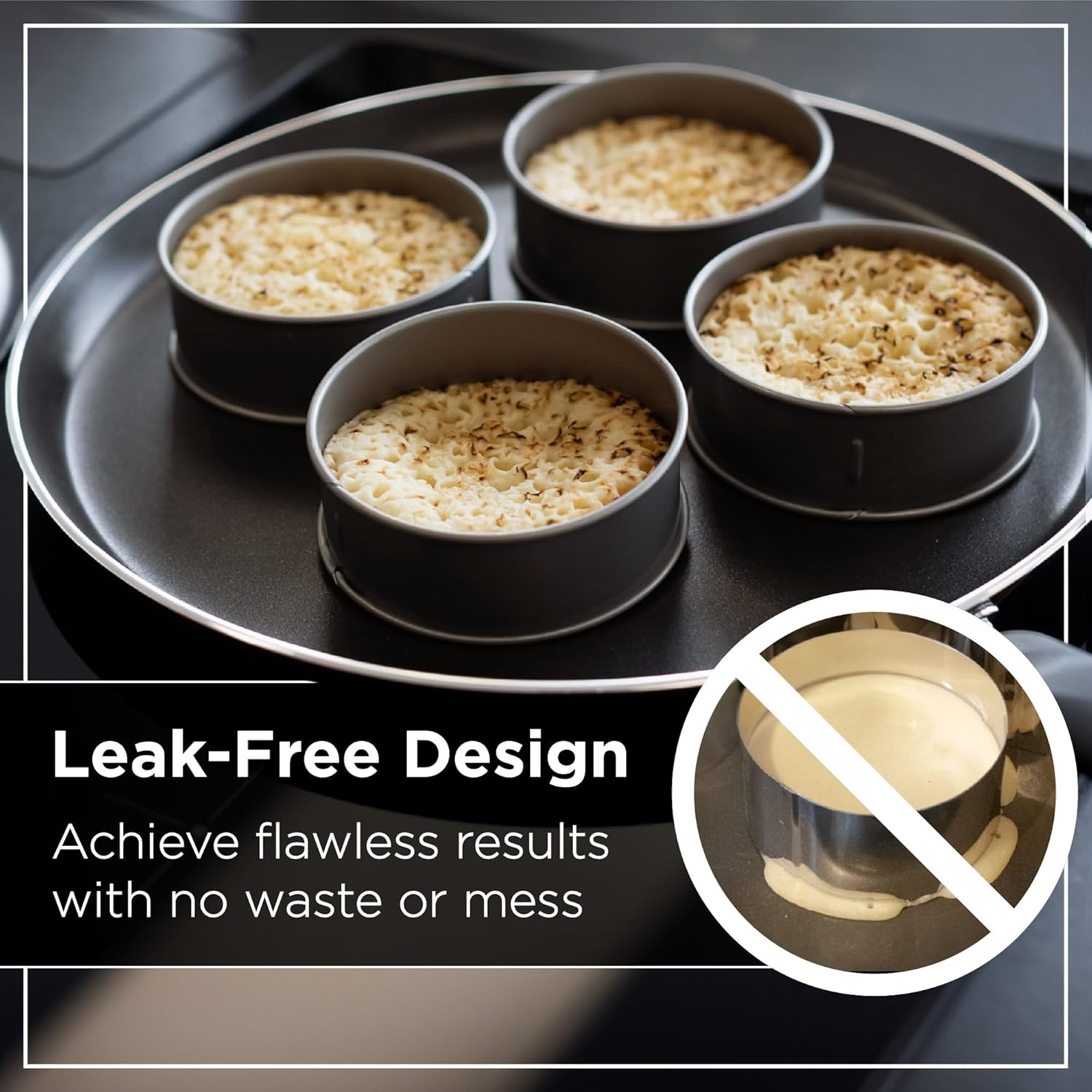 Crumpet Rings Nonstick 3.5" - English Muffin Rings for Fluffy Muffins - Set of 4 Crumpet Molds &ndash; Metal Baking Rings - No Leak Sturdy Egg Ring Set - Made in the UK image number 3