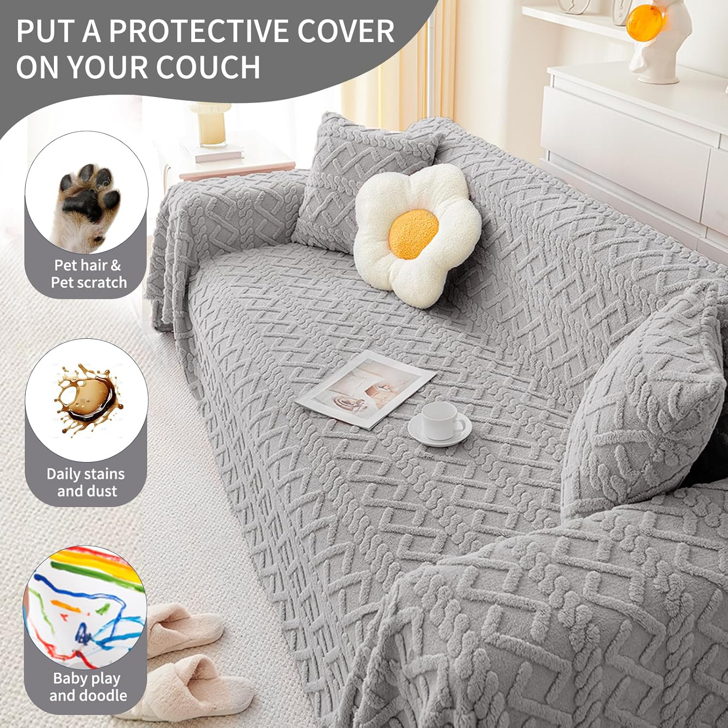 Ksriylm Light Grey Fluffy Sofa Covers Chenille Couch Covers for 3 Cute Couch Cushion Covers Pet Protector Winter Couchcover Loveseat Cover Multi-Functional Throwcover, 180 * 300CM(71" X118") image number 6