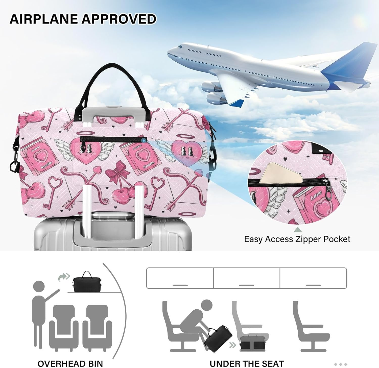Peach Heart Cupid Personal Item Travel Bag Travel Weekender Gear Bag Gym Tote Bag with Toiletry Bag for Trekking 2 Pcs Set, Peach Heart Cupid, 1 Size image number 5