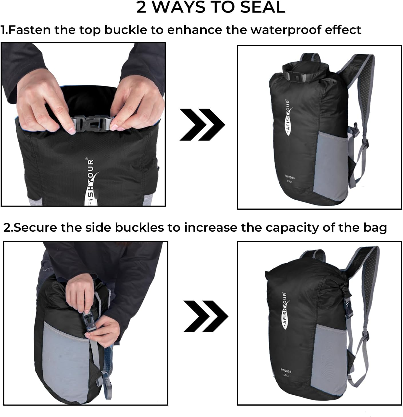 AFISHTOUR Ultralight Waterproof Hiking Backpack for Men & Women, 15L Packable Hiking Daypack, Roll Top Closure Small Dry Bag Backpack for Cycling, Camping, Skiing, Boating - 15L-Blue image number 6