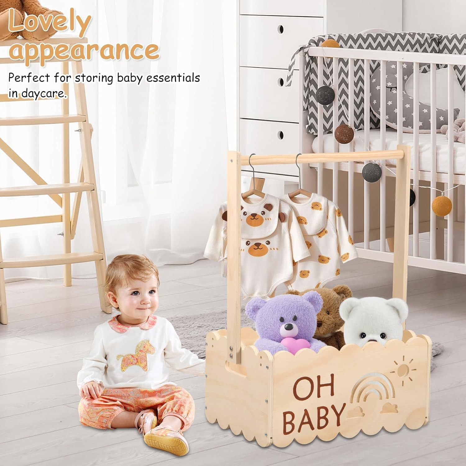 Awobepl Baby Shower Crate with Handle Wood Baby Crate Closet Cute Baby Hamper Basket Practical Baby Storage Crate for New Born Baby New Parents image number 3