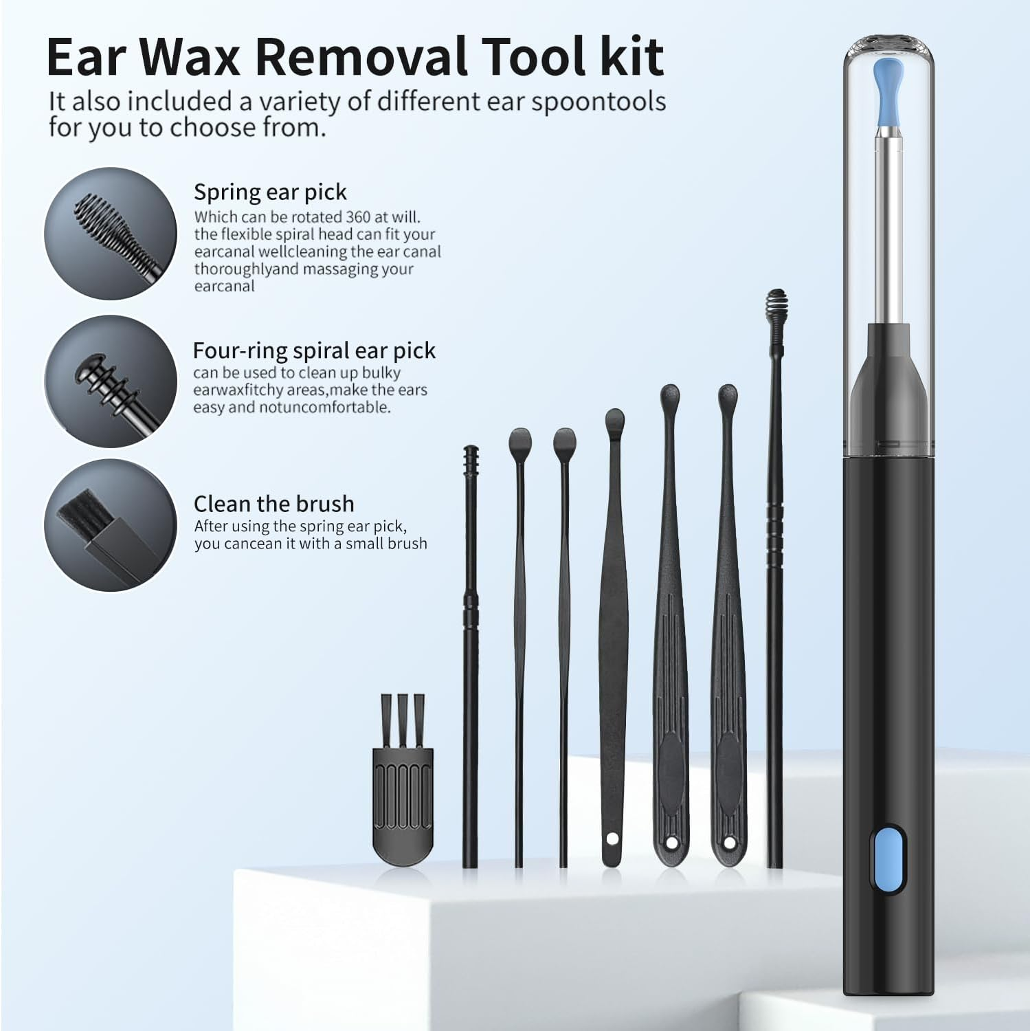 Ear Wax Removal Tool with 1080P Camera - FDA Eligible Ear Cleaner with Camera, Ear Camera Wax Removal with 6 LED Lights, 6 Spoons - Ios & Android-Compatible Earwax Removal Kit with Camera for Adults & Kids (Black) - White image number 2