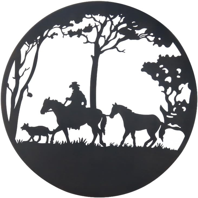 Lylac Homeware round Iron Wall Art, Western Cowboy and Horses Scene, 99 Cm