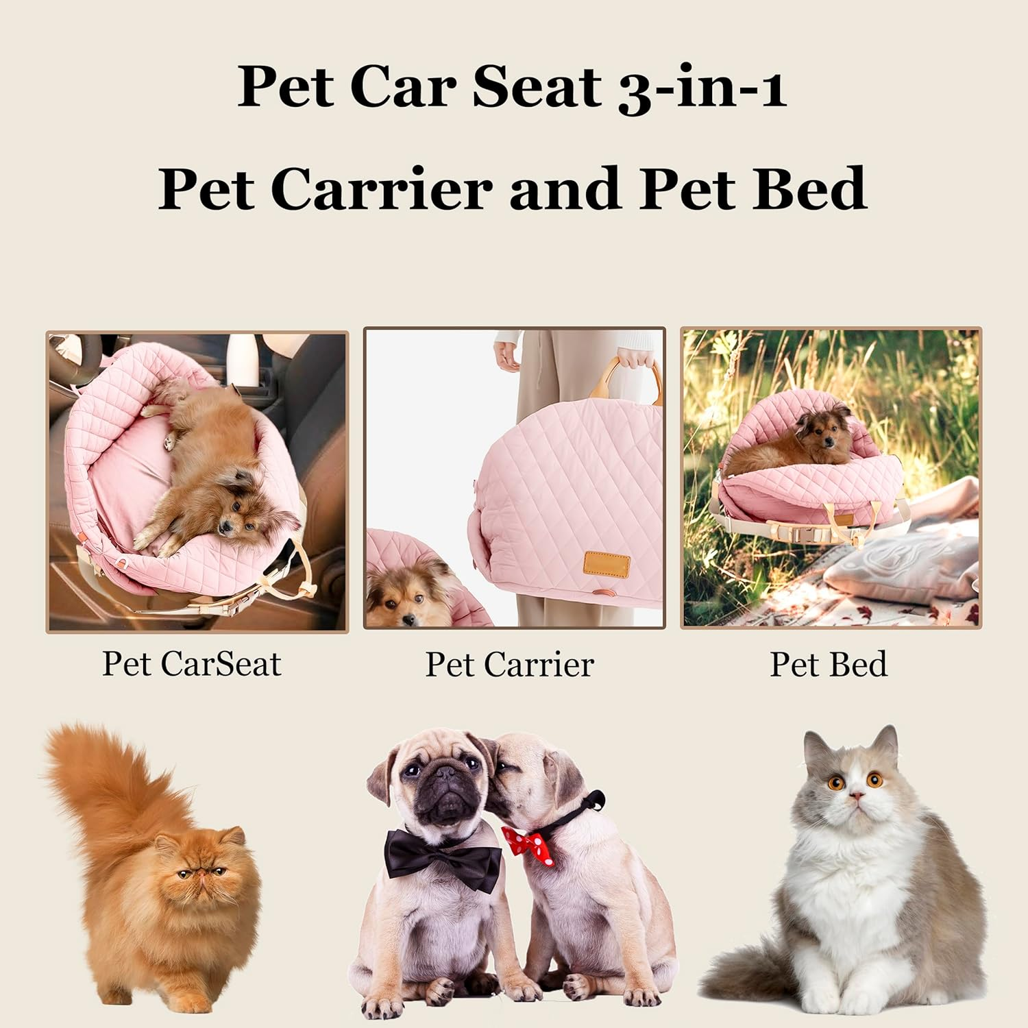 BDZBREN 3-In-1 Dog Car Seat for Small Pets 0-18Lbs，Portable Carrier, Travel Bed with Safety Leash | Waterproof, Machine Washable, Anti-Slip Base (Pink, L) - Beige image number 2