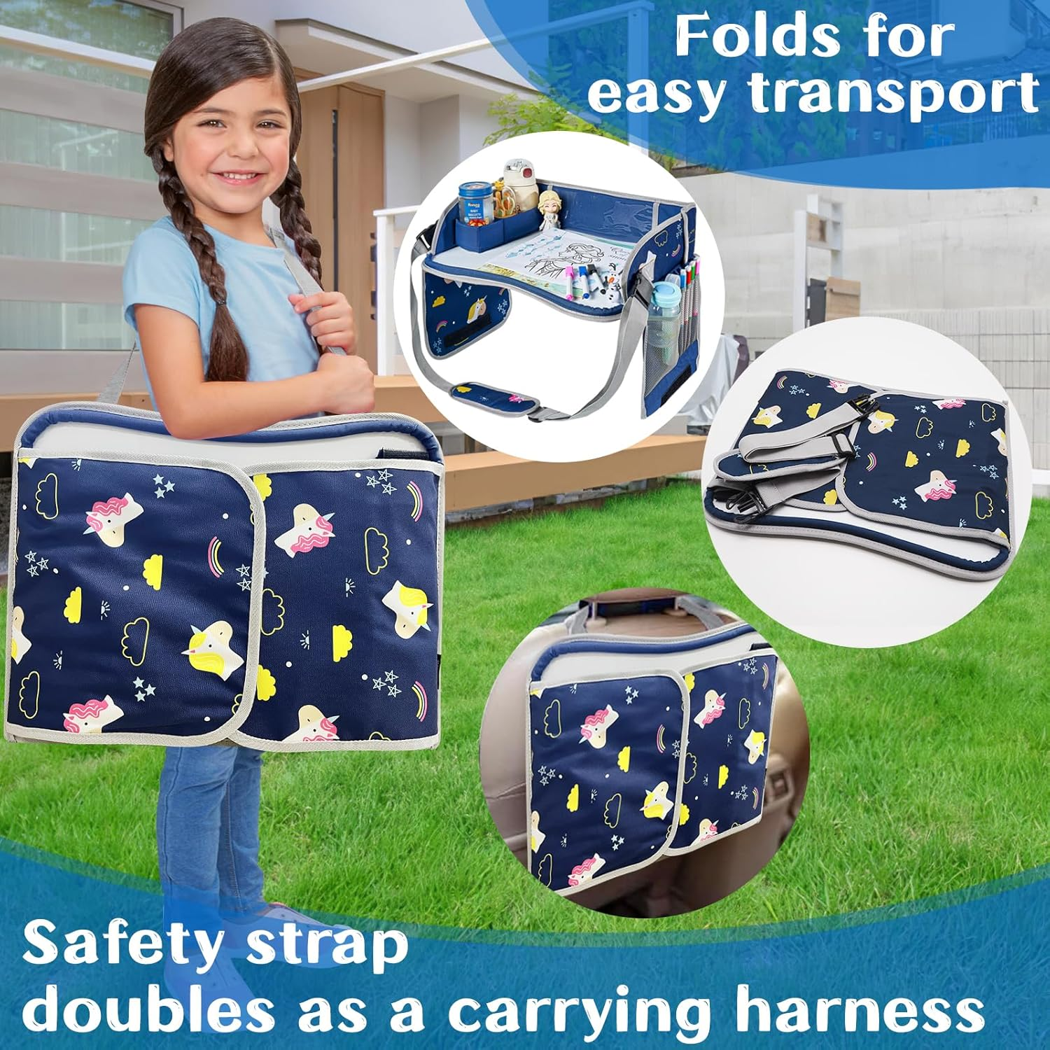 Kids Travel Tray, Car Seat Play Tray for Toddler, Auto Backseat Table Holder Tray for Kids Roadtrip Essentials, Adjustable Portable Children Car Desk Organizer (Blue) image number 3