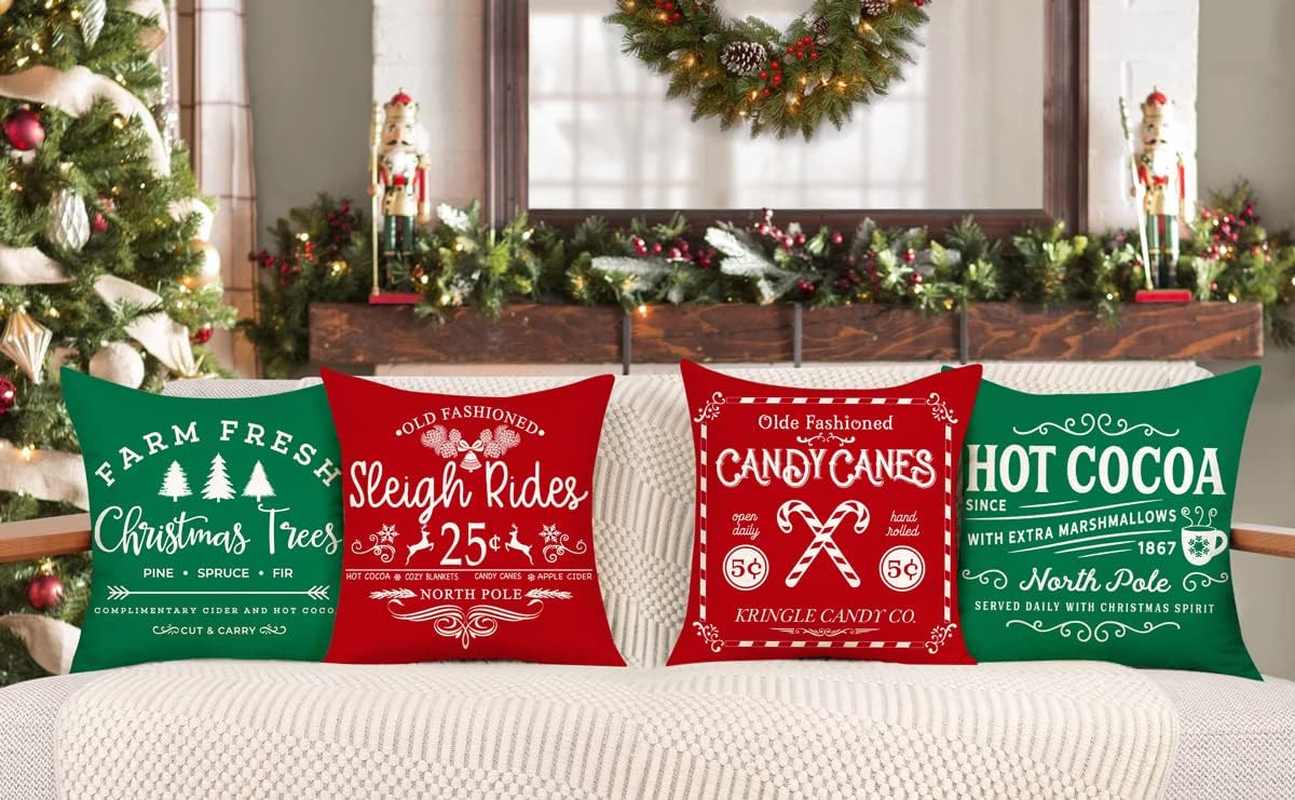 Farmhouse Christmas Pillow Covers 18X18 Set of 4 Winter Holiday Decorations Xmas Red Green Rustic Throw Cushion Case for Sofa Couch Home Decor (Sleigh Rides, Farm Fresh Tree, Cocoa, Candy Canes) image number 2