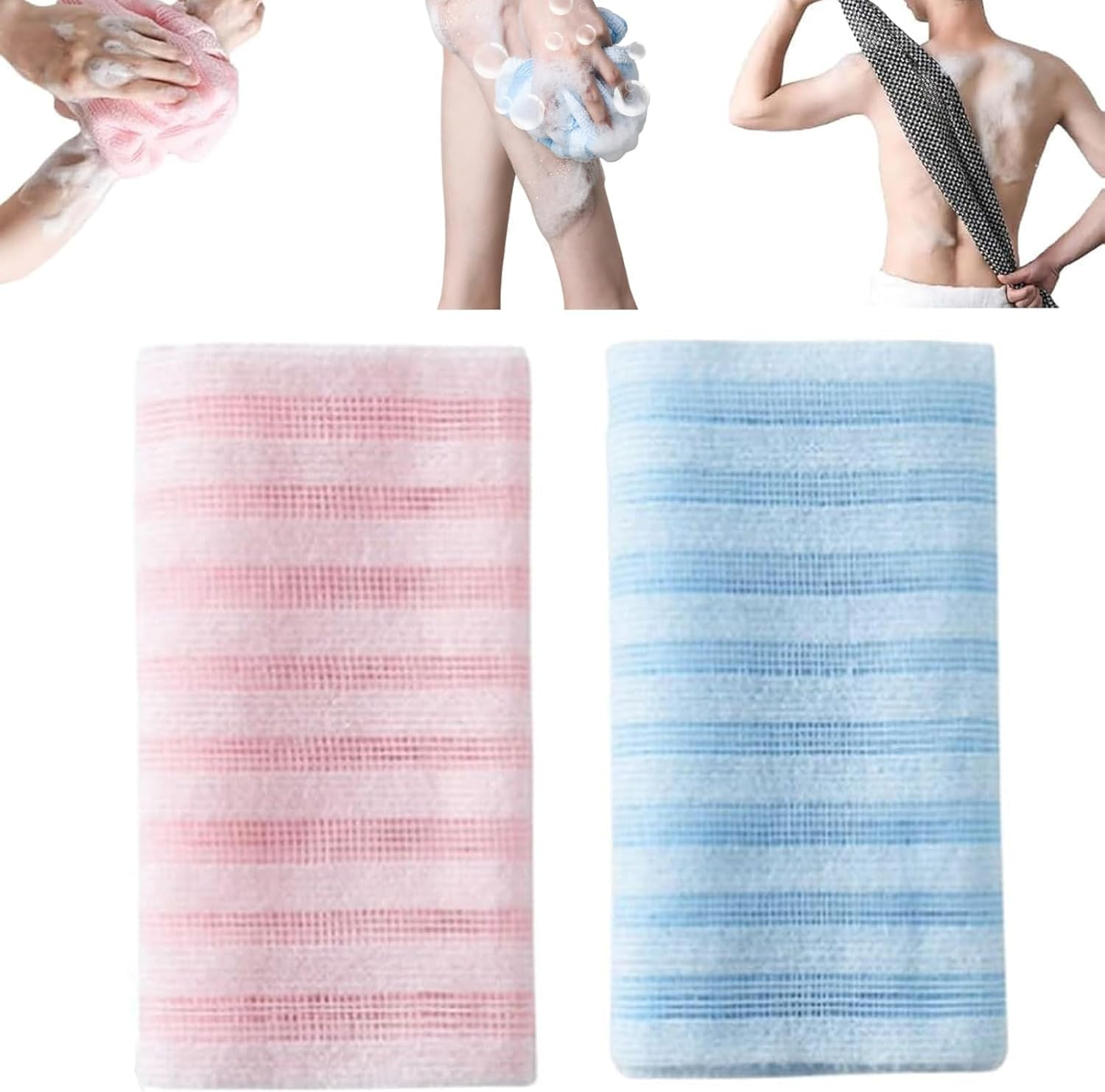 2Pack Sima Exfoliating Towel,Long Back Towel Exfoliating Bath Towel,Japanese Exfoliating Towel,Body Wash Towel Strong Shower Bath Japanese Back Scrubber Great Lathers Exfoliating Cleansing (Blue+Pink) image number 2