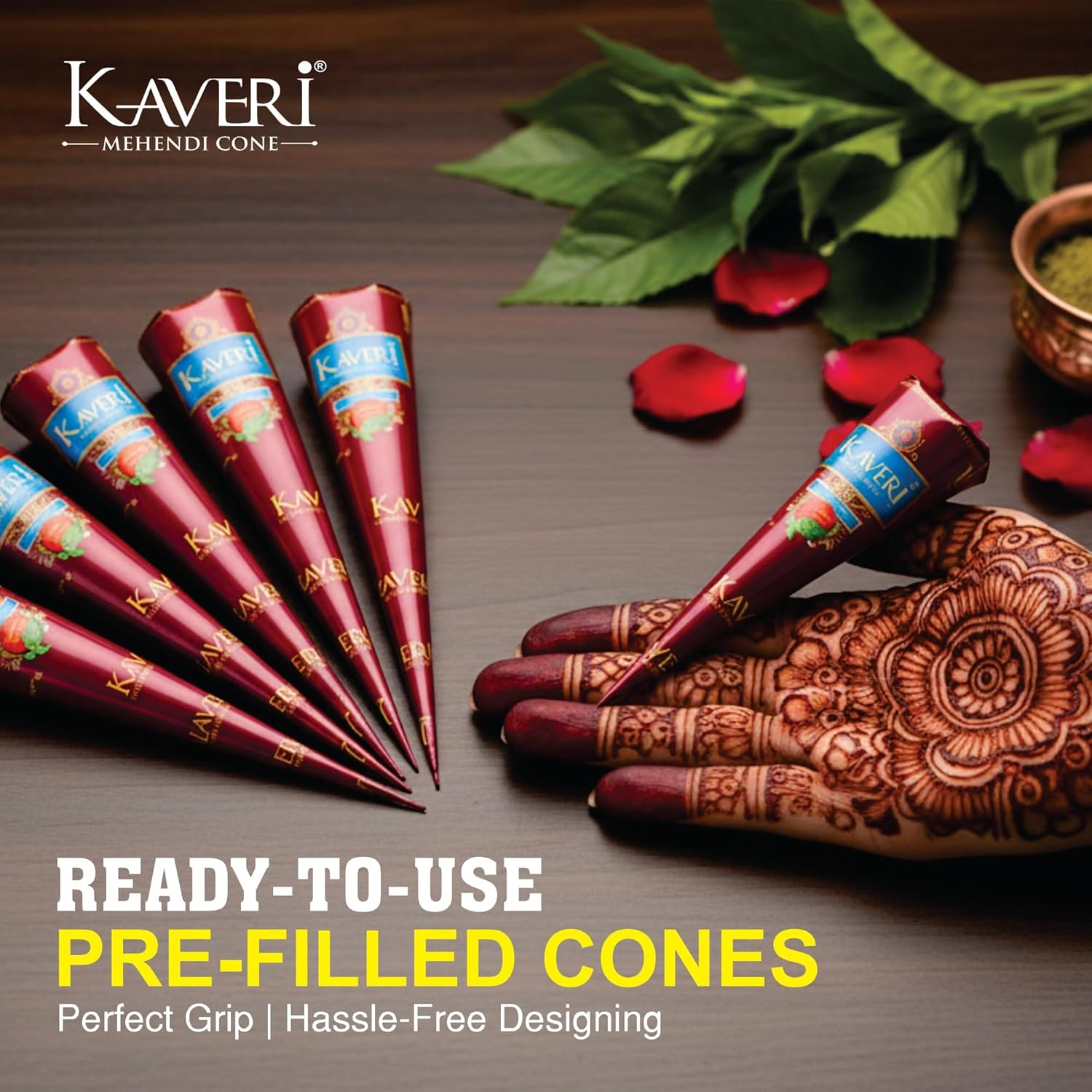 Kaveri Natural Henna Mehandi Cone for Hands & Hair Herbal Rajasthani Henna Paste in Natural Dark Brown Color with Nilgiri Oil for Bridal Dulhan Wedding Occasion Instant Mehendi Cone - Pack of 12 image number 5