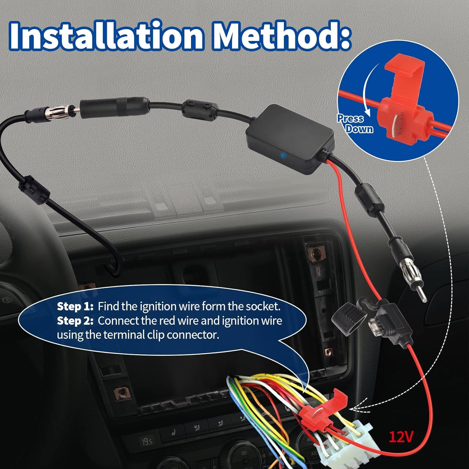 Bingfu Universal Car Stereo FM Radio Antenna Signal Booster Amplifier Amp,12V Power Supply DIN Plug Connector Adapter for Vehicle Truck SUV Car Audio Radio Stereo Media Head Unit Receiver image number 2