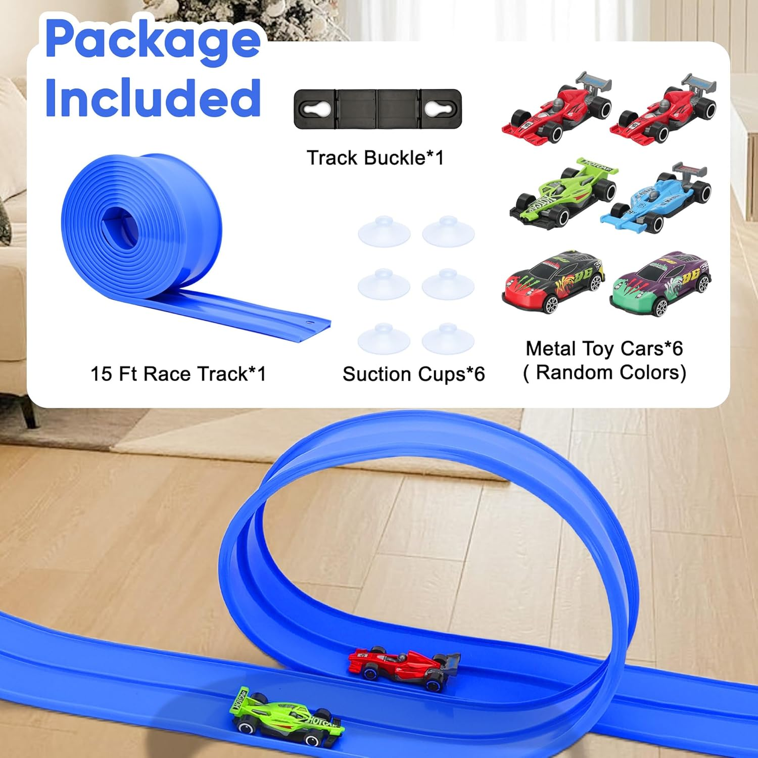 OMIPAWZ 15 Ft / 450 Cm Double Sided Flexible Rack Track Set with 6 Toy Cars for Kids image number 6