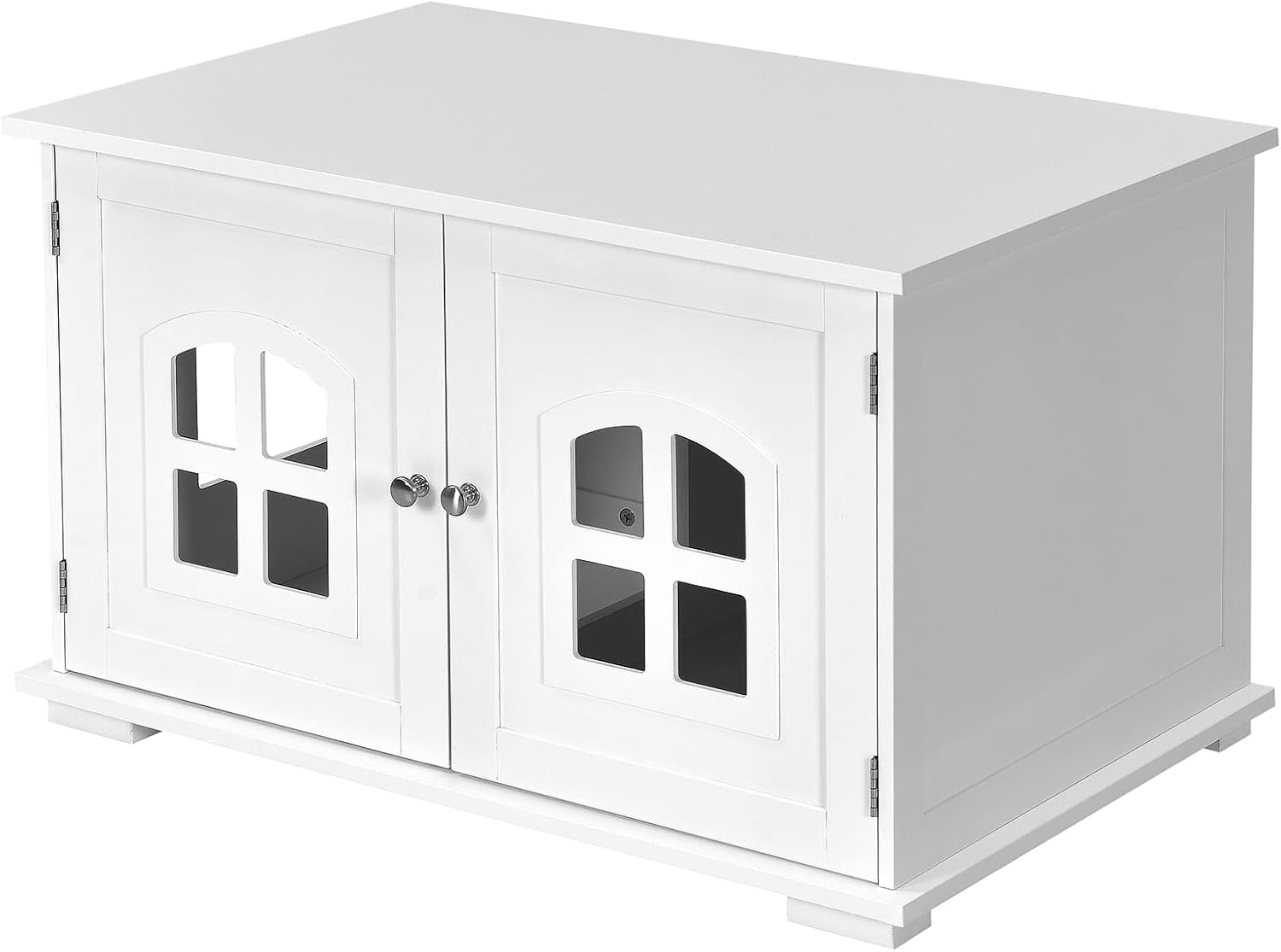 Costway Cat Litter Box Enclosure Furniture Hidden, Wooden Washroom Storage Cabinet Bench W/Cross Windows, Doors&Arched Doorway, Indoor Cat House, Pet House Cover, Side Table for Living Room, Bedroom image number 3