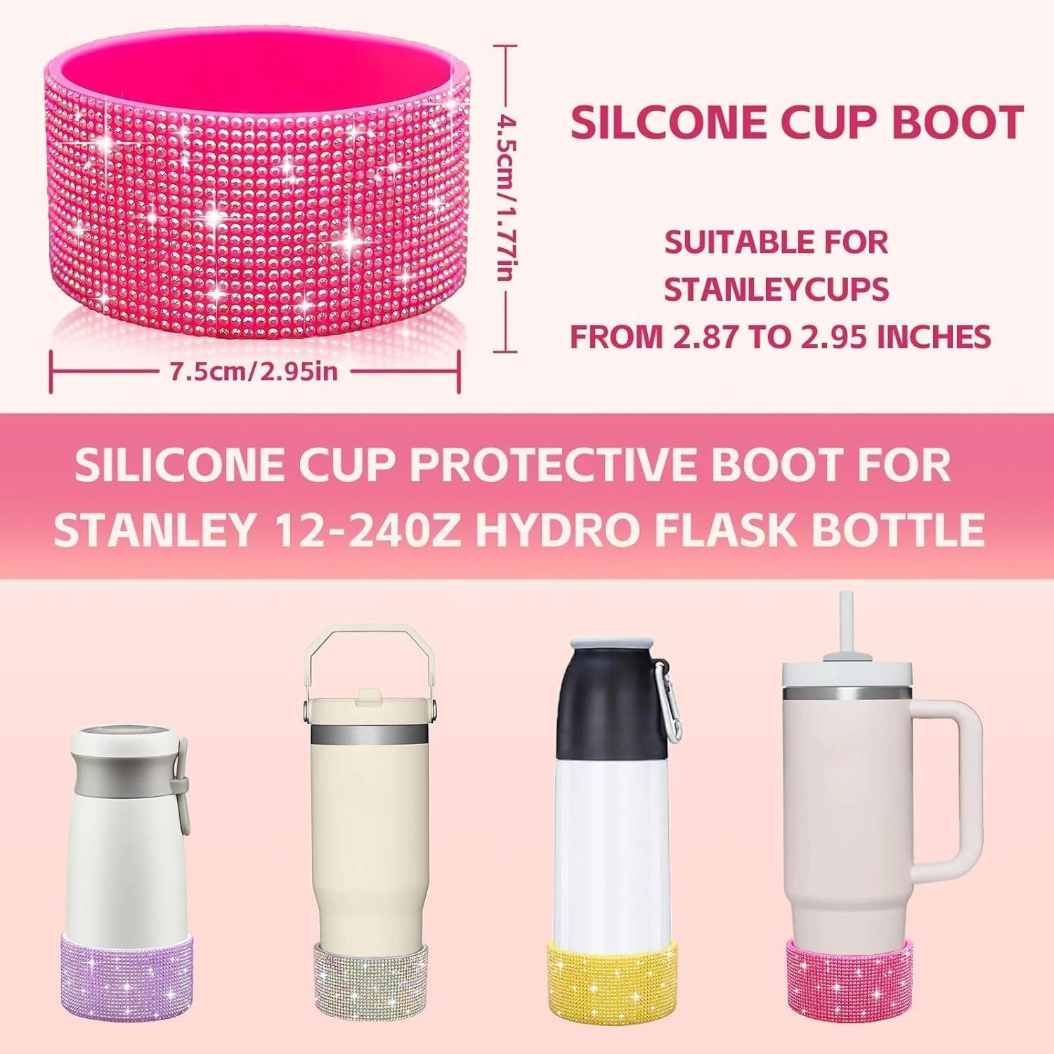 Protective Rhinestone Glitter Silicone Boot Bling Diamond Anti-Slip Sleeve Cover for Stanley Cup 20-40Oz,12-24Oz and More Tumblers 2.8-2.9 Inch Bottom image number 2