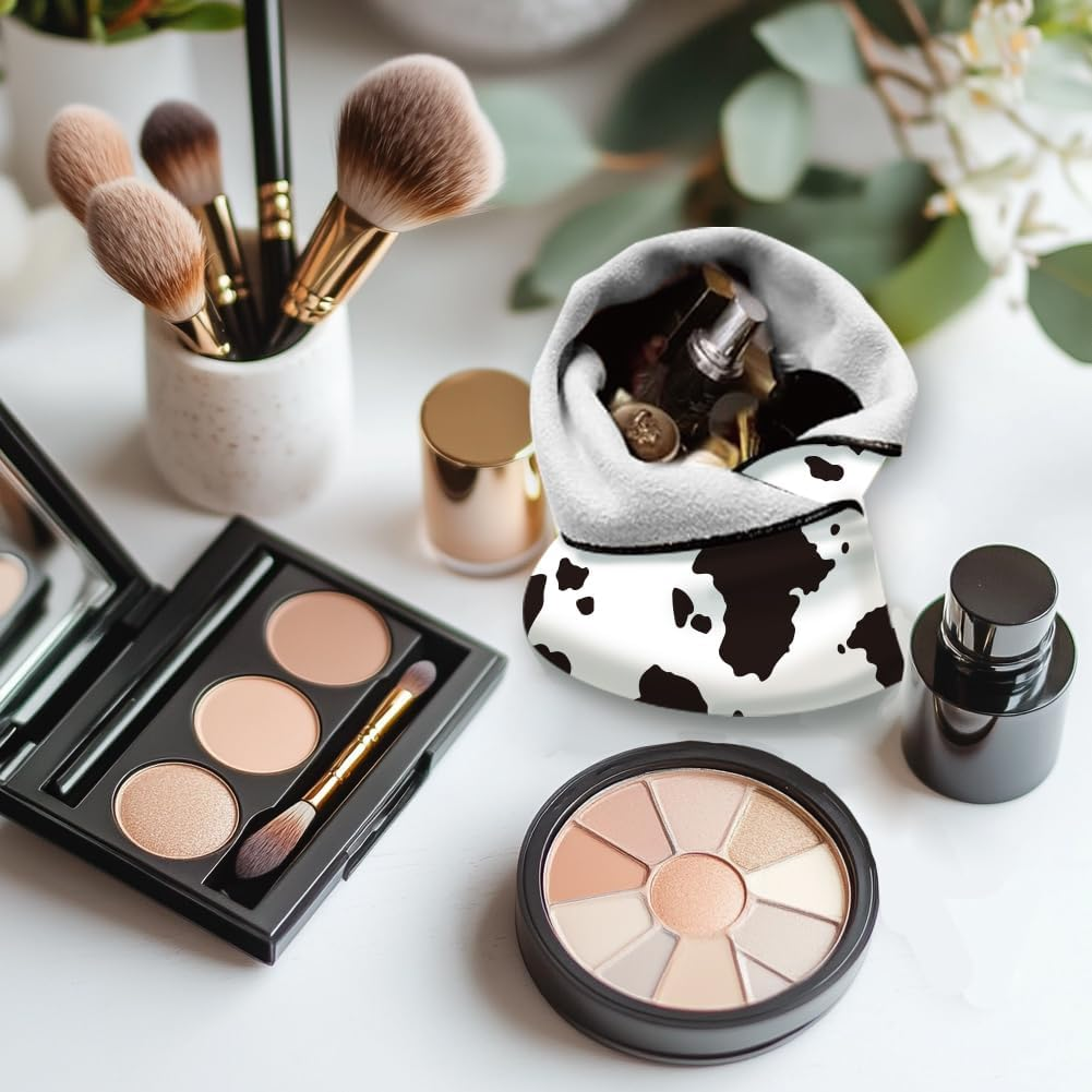 Doodlream 2 Sheets Self-Adhesive Magic Cloth Cow Print Travel Makeup Bag Organizer & Scratch-Resistant Camera Lens Protective Wrap, Reusable Portable Cosmetic Pouch (50X50Cm/35X35Cm), Black and White image number 3