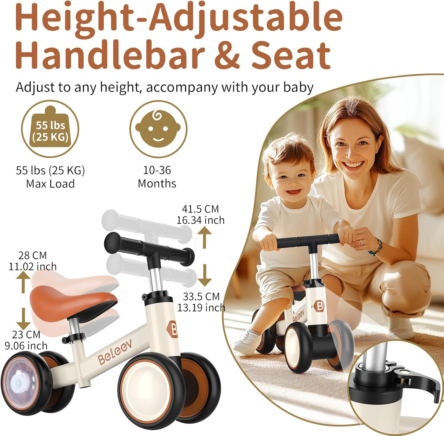 BELEEV B3 Colorful Lighting Balance Bike for 1-3 Year Old Boy Girl, Light-Up Wheels, Adjustable Seat & Handlebar, 135&deg; Safe Limited Steer, Soft Seat, Toddler Baby Bike First Birthday Gift 10-36 Month image number 1