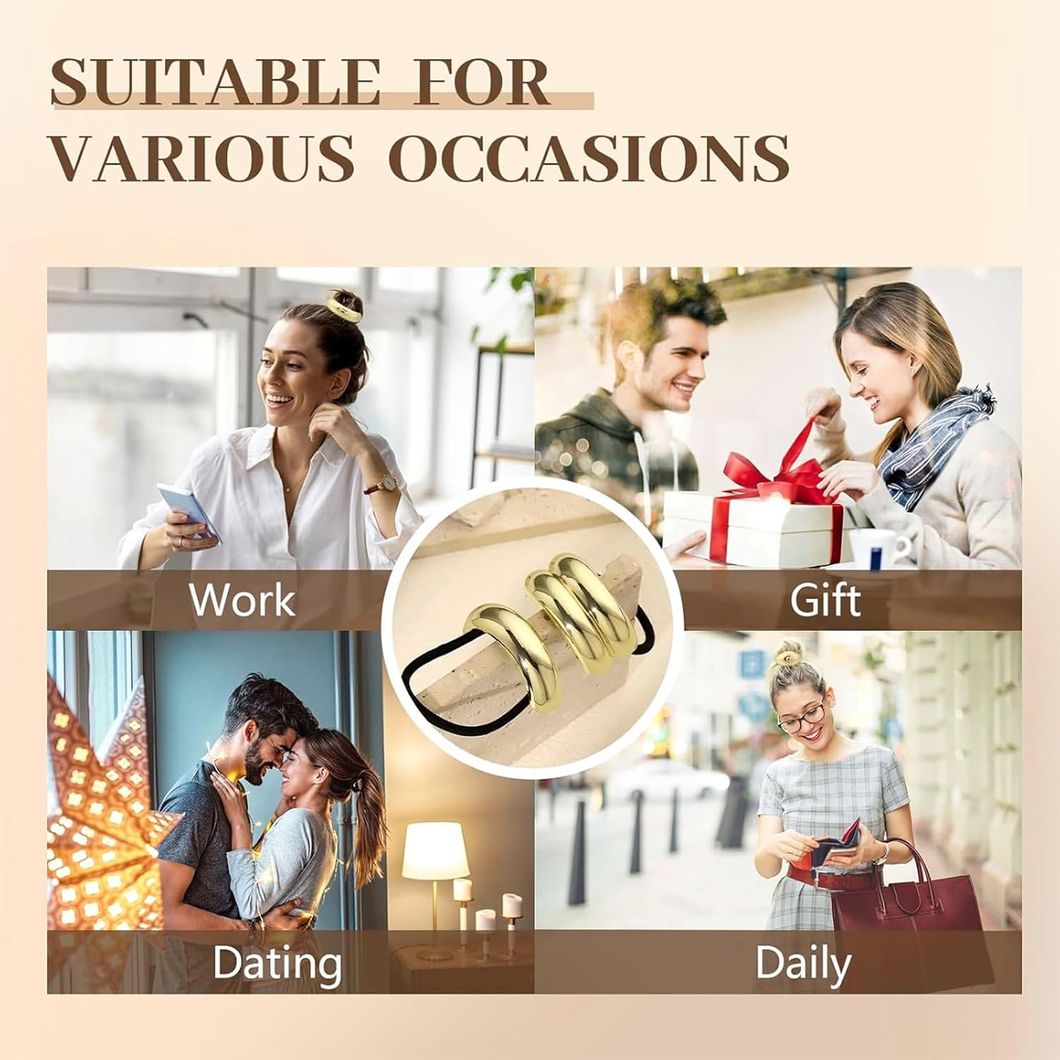 3 PCS Metal Hair Ties Set, Gold Ponytail Cuffs with Geometric Design, Durable & Elegant Gold Hair Accessories, Glossy Arch Elastic Hair Ties for Women (Gold) image number 4