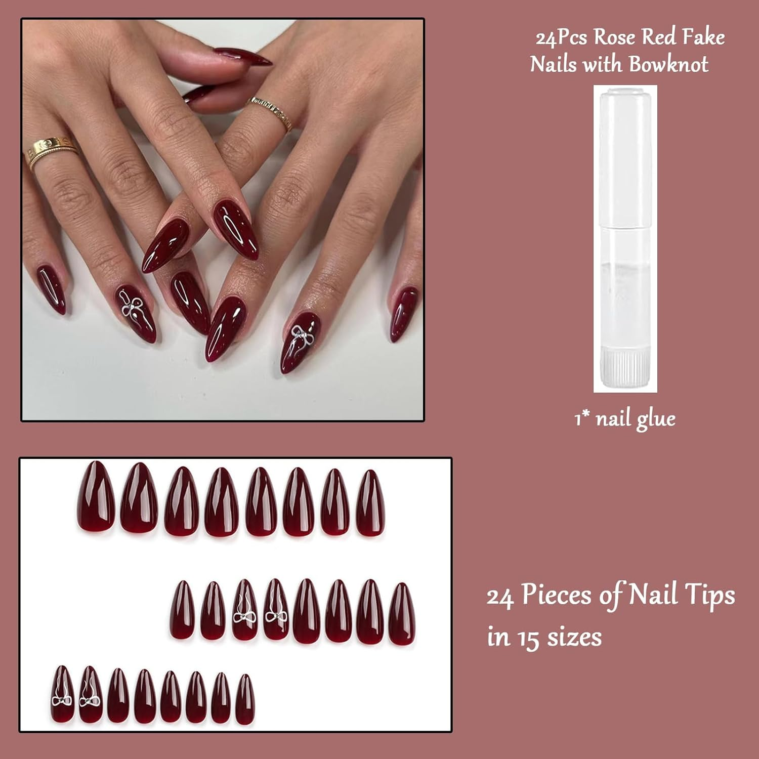 IKEEP Wine Red False Nails - Oval False Nails - 24Pcs Rose Red Fake Nails with Bowknot - Almond Press on Nail Tips with Glue, Acrylic Stick on Nails for Women Girls Nails Art image number 6