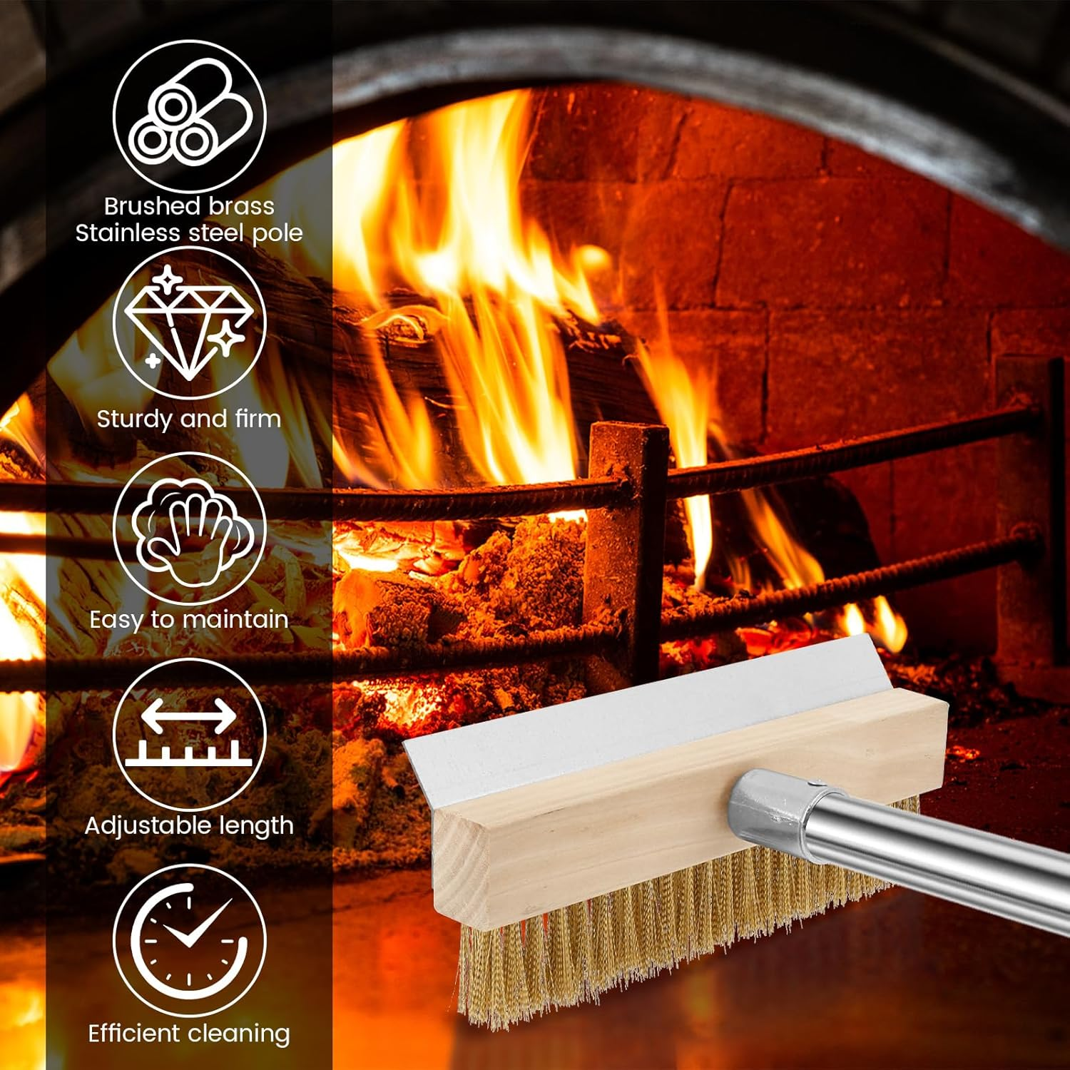 Pizza Oven Brush, with Scraper, Non Scratch Heat Proof Brass Bristles, Practical Grill Cleaner Tool with Long Handle Portable, Outdoor Pizza Oven Accessory, for Commercial Cleaning Kitchens image number 3