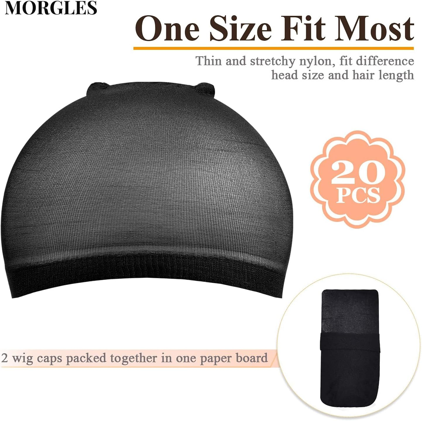 MORGLES 20Pcs Stretchy Nylon Wig Caps Stocking Caps for Wigs Wig Caps for Women Man-Black - Brown image number 3