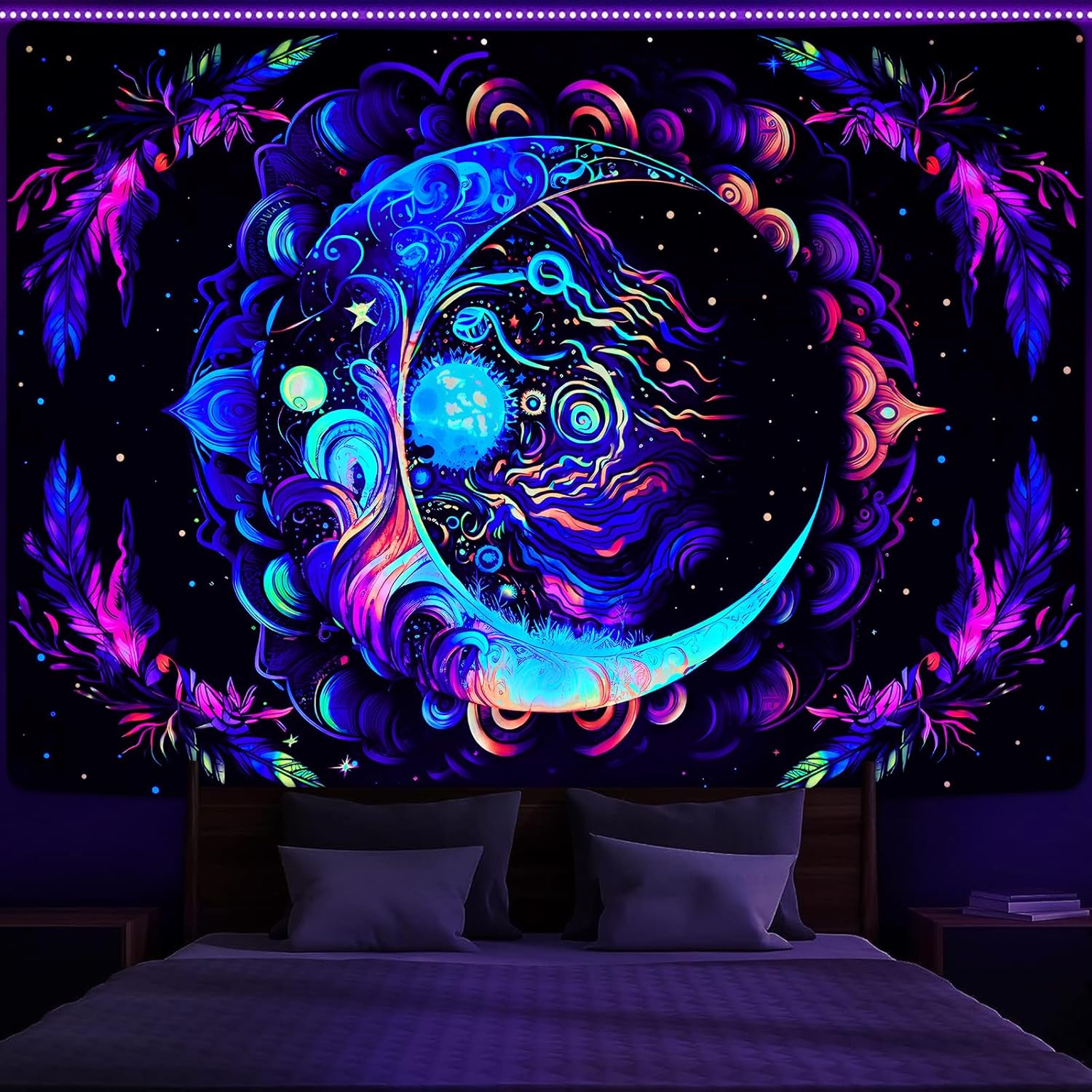 Blacklight Tapestry UV Reactive Moon and Star Mandala Boho Wall Hanging for Bedroom (59.1 X 59.1 Inches)
