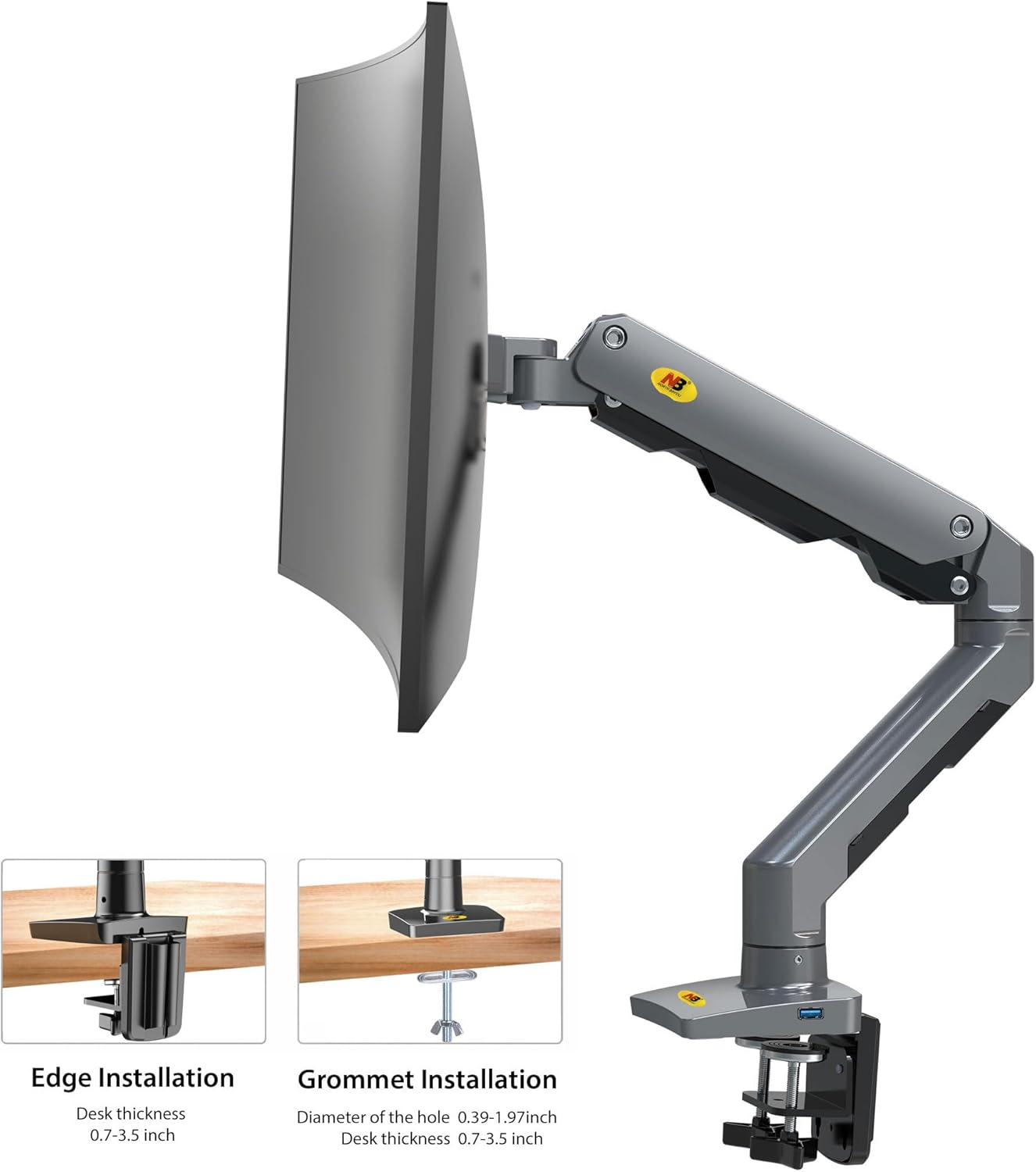 NB North Bayou Monitor Stand Desk Mount for Curved Screens 27"-45"-16KG, Full Motion Heavy Duty Desk Gas Spring Monitor Arm with Heavy Weight Capacity16Kg Gaming Monitor Stand (G60 Gunmetal) image number 3