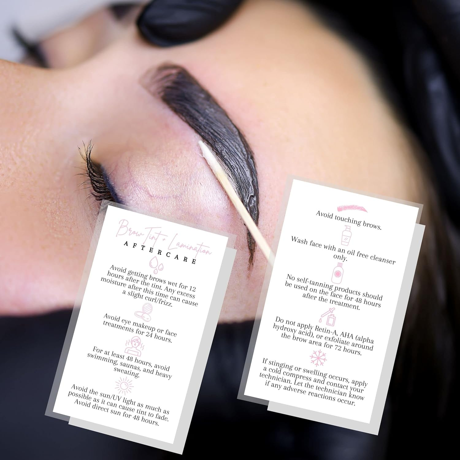 Brow Tint and Lamination Aftercare Instruction Cards | 50 Pack | Pink Minimalist Simple for Kit Henna Client Cards Eyebrow Kit Handout with Intake Forms Business Card 2X3.5&rdquo; Each