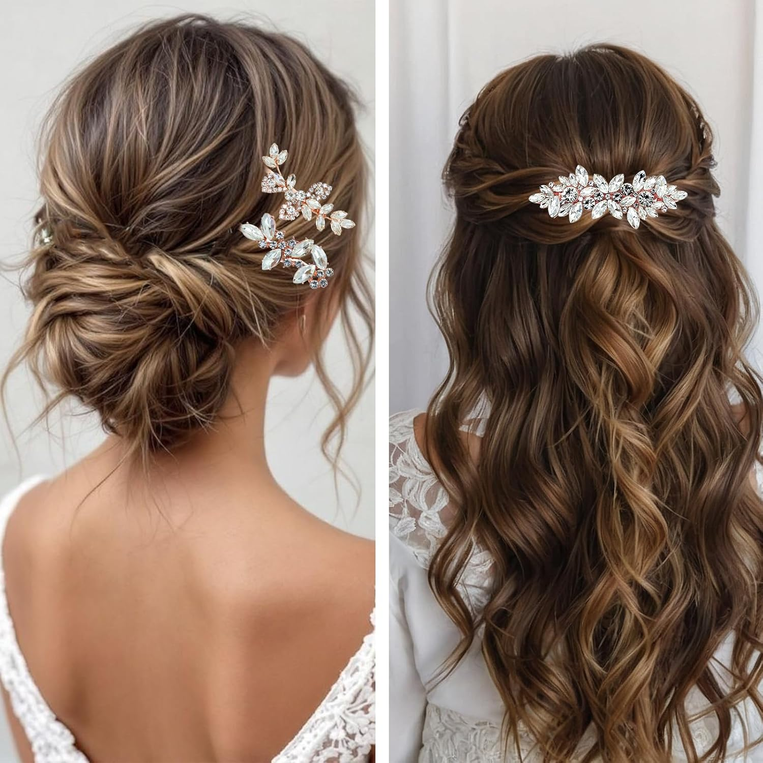 4 Pieces Rhinestone Hair Clips Leaf Wedding Hair Pins Crystal Bobby Pins Silver Bridal Hairpin Barrette for Brides Bridesmaids Flower Girls (Rose Gold) image number 6