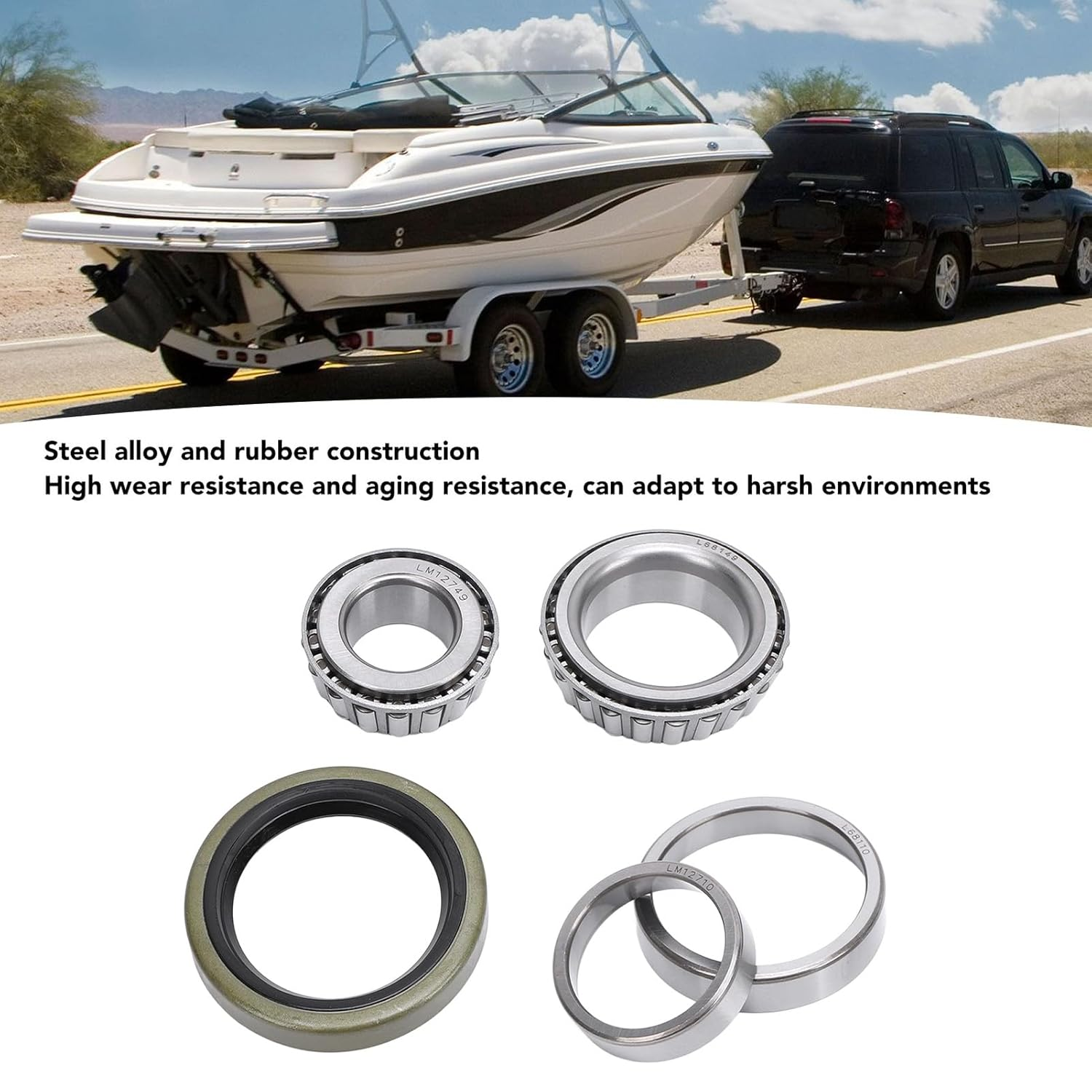5PCS Marine Trailer Bearing Kit, Steel Alloy Boat Trailer Axle Wheel Hub Bearings Set with Seals for Boat, Efficient Axle Support, Includes LM12749, LM12710, L68149, L68110 image number 2